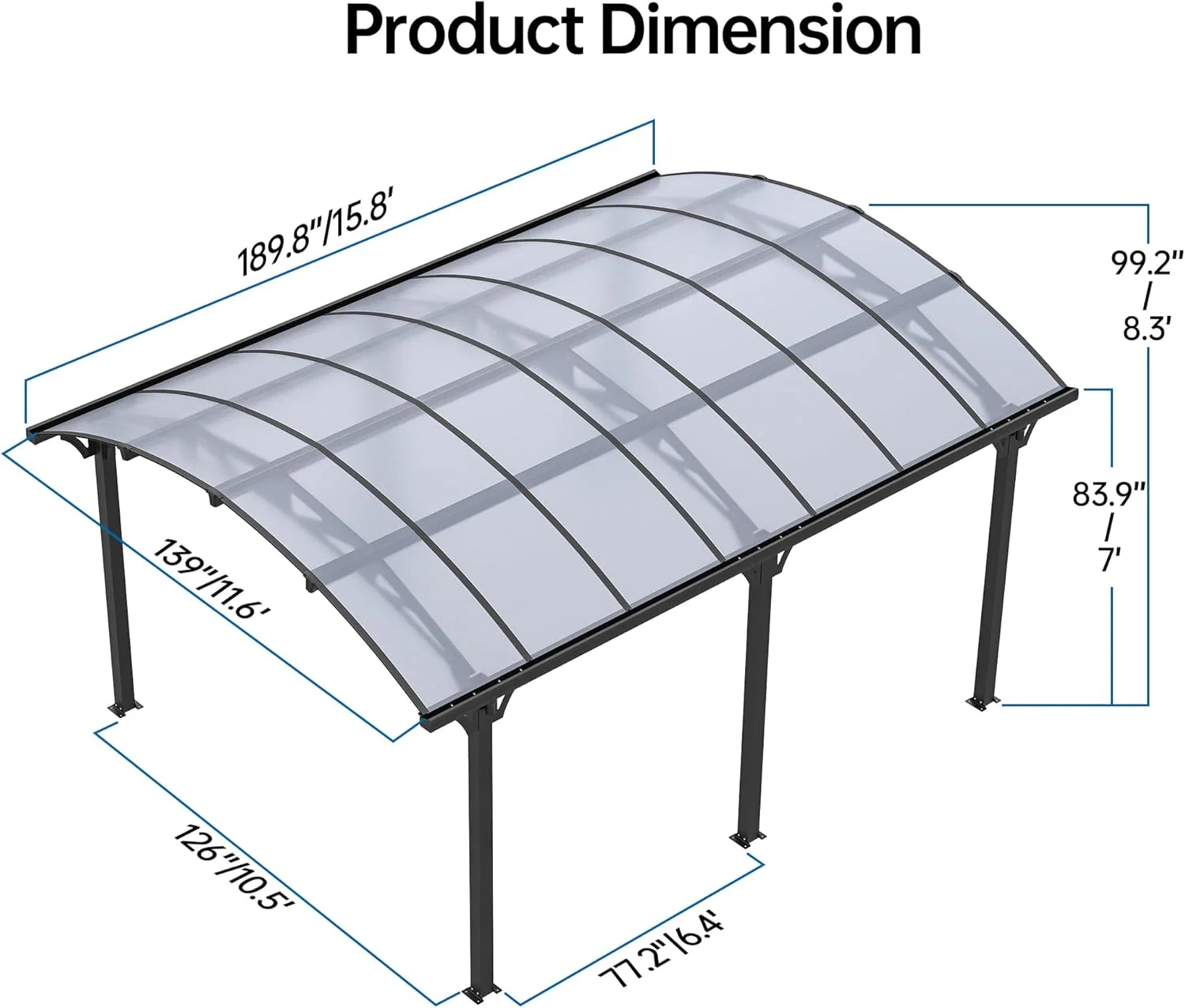 JINSEED 10 x 16ft Metal Carport with Heavy Duty Metal Frame & Pitched-Roof Polycarbonate Panel Canopy, Multi-Purpose Shelter for Car, Truck, SUV, Tractor, and Boat,Gray