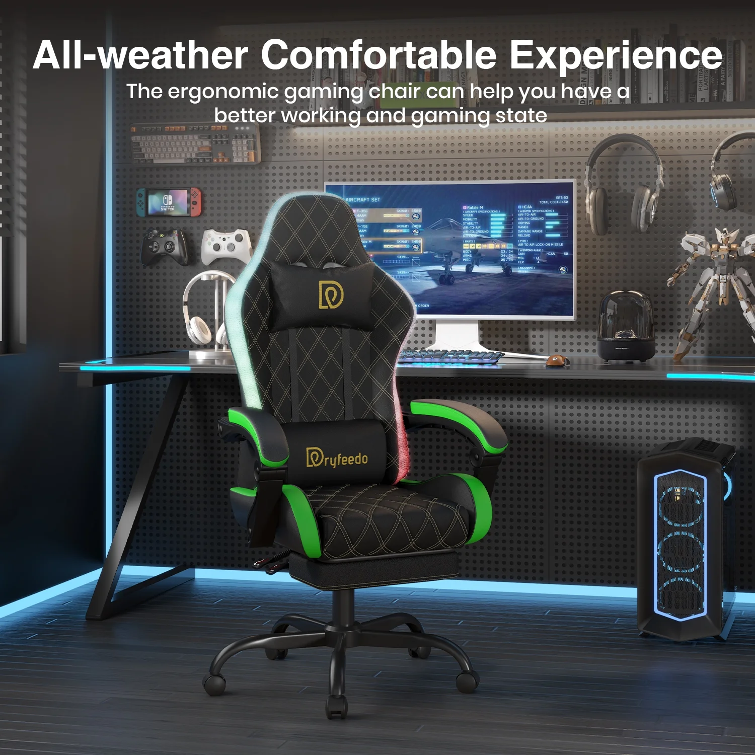 Dryfeedo Gaming Chair with LED Lights, Ergonomic Computer Chair with Lumbar Support, Adjustable Headrest & Footrest, Green