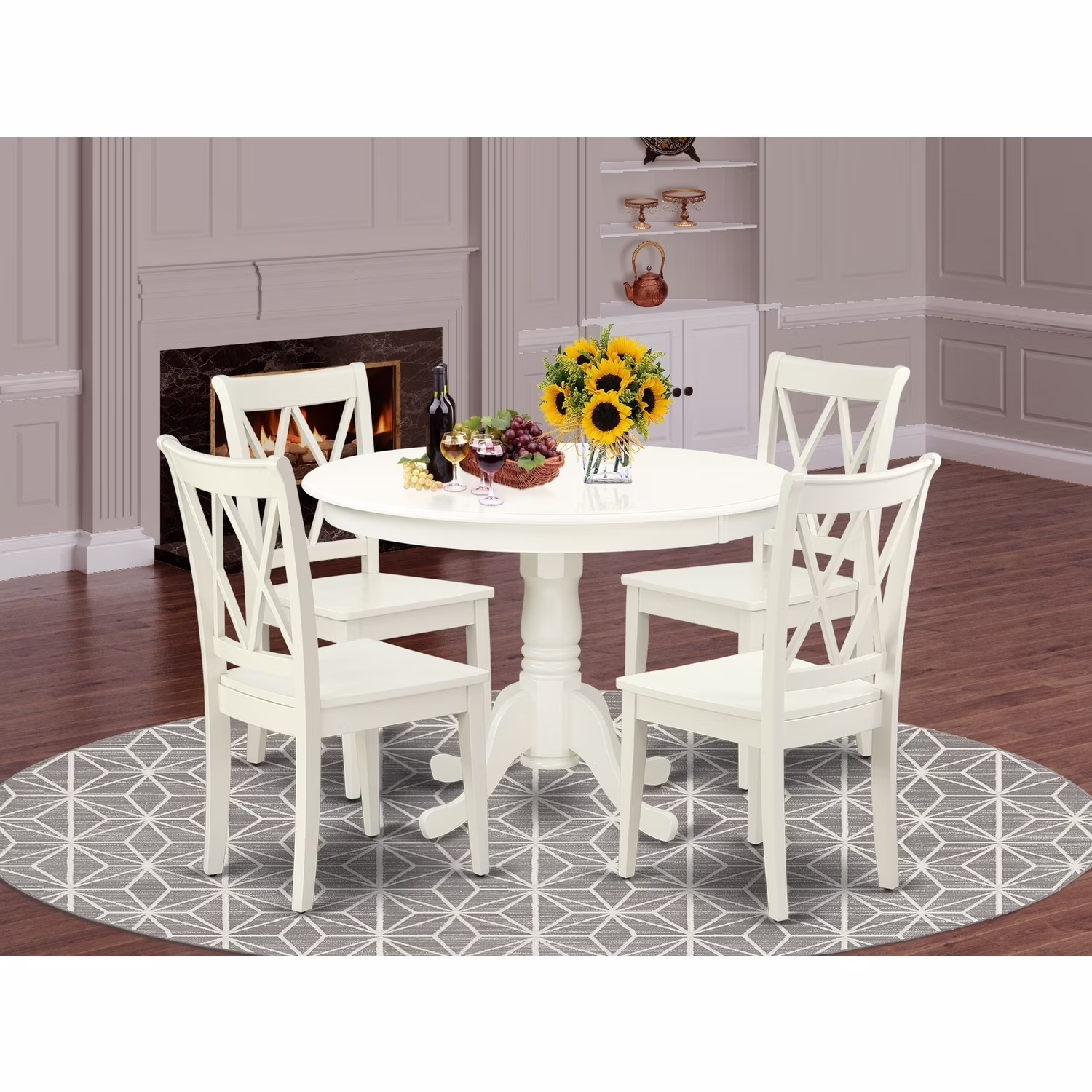 HomeStock Country Cottage 5 Piece Dining Room Table Set Includes a Round Kitchen Table with Pedestal and 4 Dining Chairs, 42x42 Inch, Linen White Finish