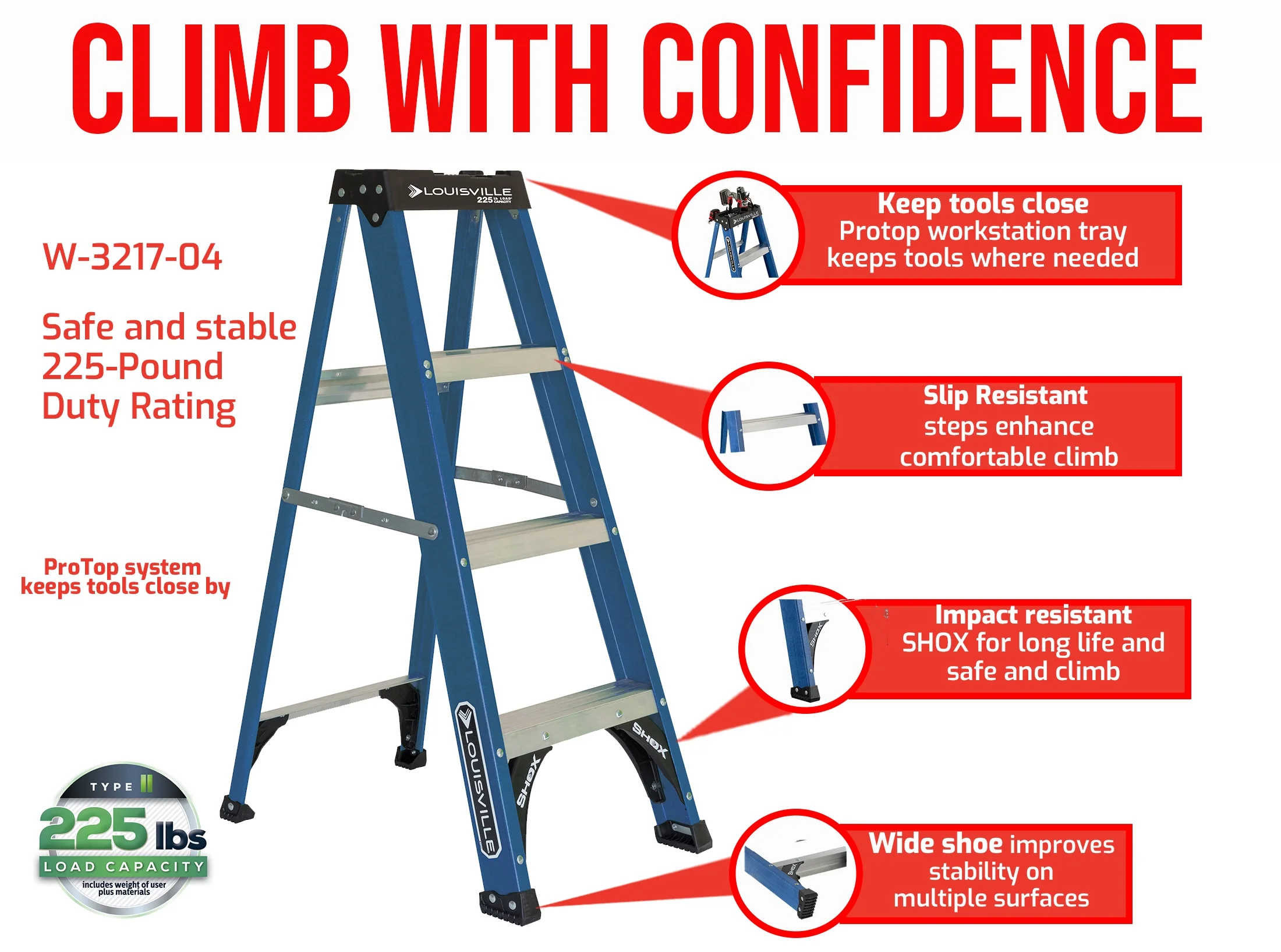 Louisville Ladder 4' Fiberglass Step Ladder, 8' Reach, 225-lb Capacity, W-3217-04