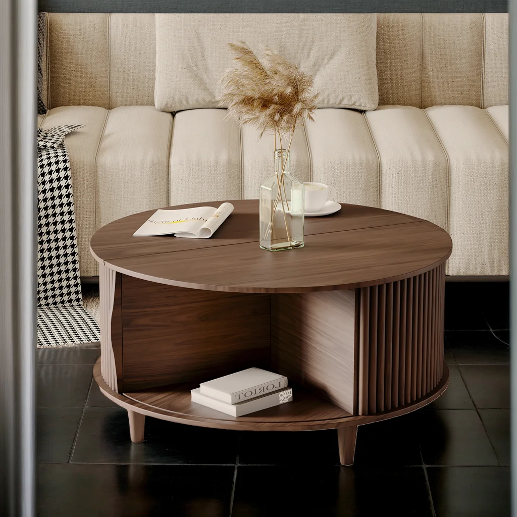 JOINICE Round Coffee Table with Storage and Sliding Door,Mid Century Modern Wooden Center Table,for Living Room,Walnut