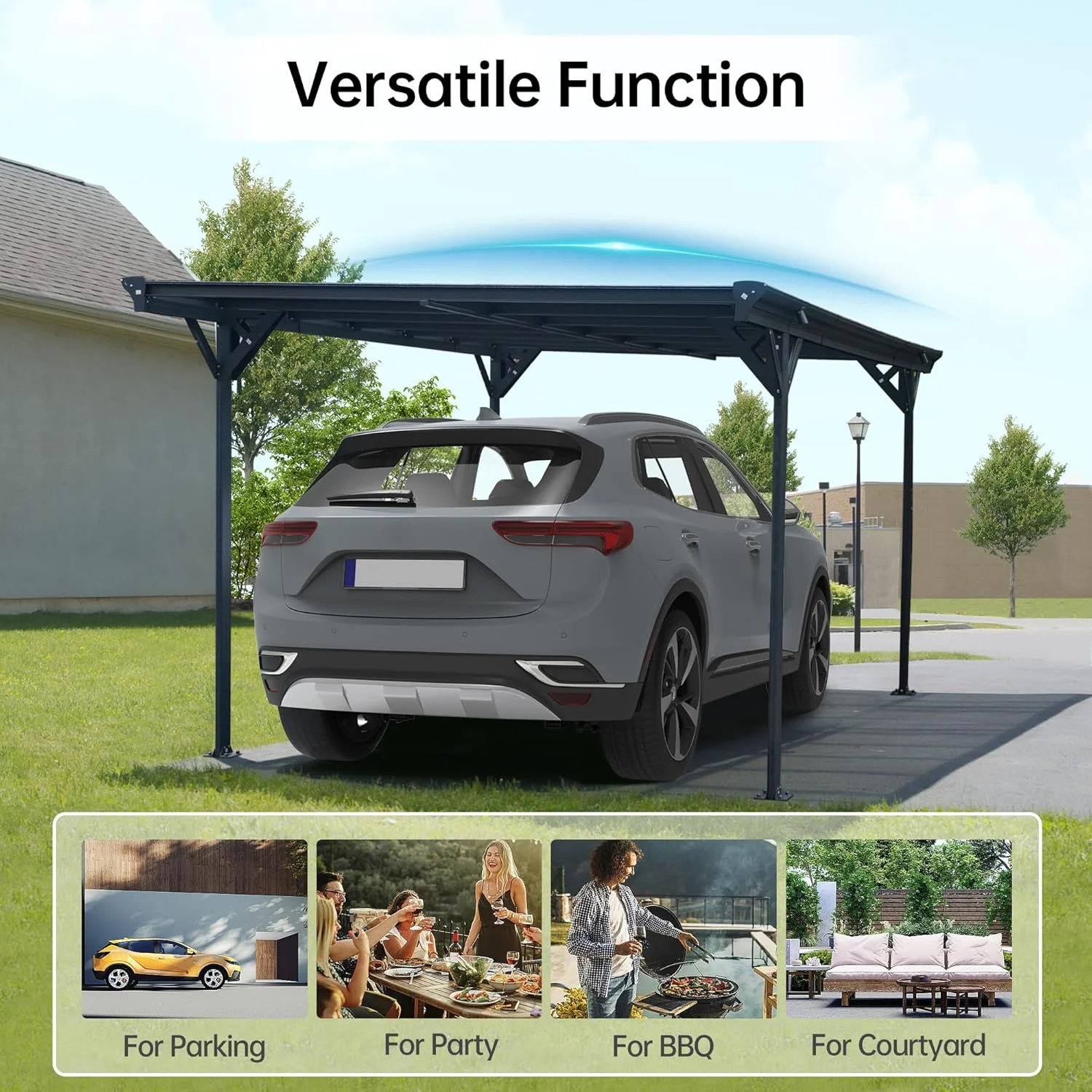 JINSEED 10 x 16ft Metal Carport with Heavy Duty Metal Frame & Pitched-Roof Polycarbonate Panel Canopy, Multi-Purpose Shelter for Car, Truck, SUV, Tractor, and Boat,Gray