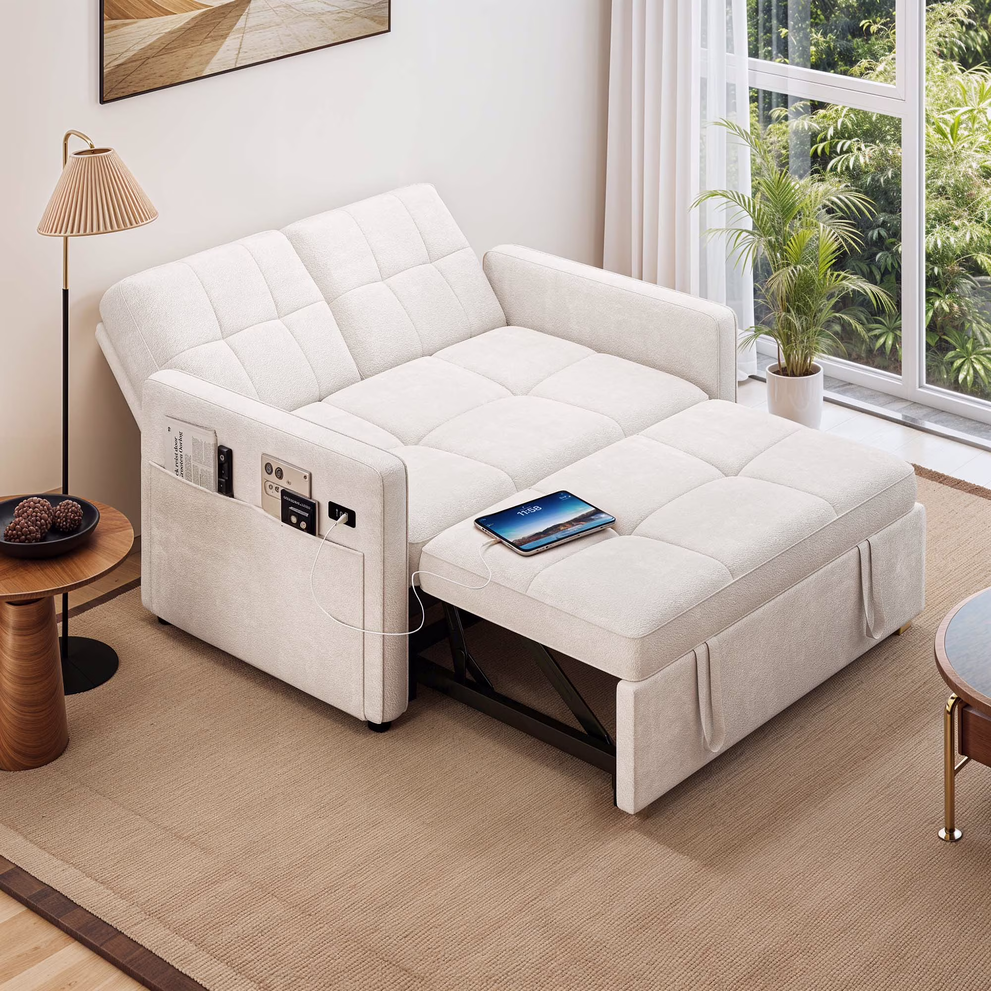 Dextrus  3-in-1 Convertible Futon Sofa Bed, Modern Sleeper Sofa with Pull-Out Bed for Small Place, Beige
