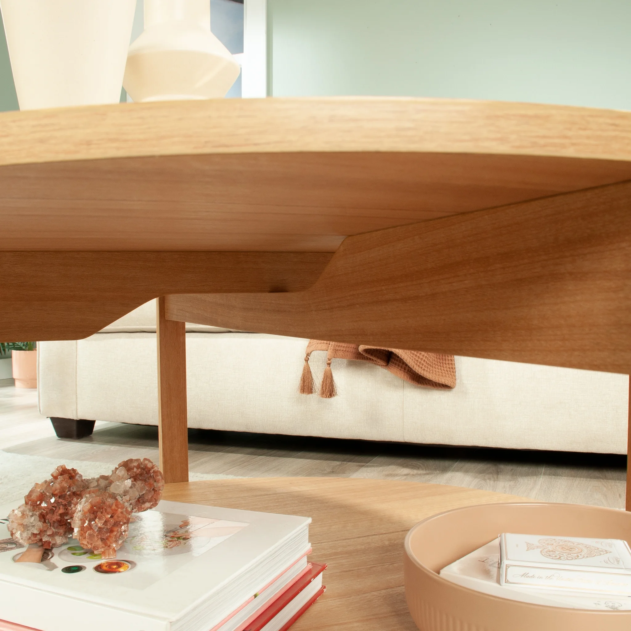 Mainstays Round Modern Dowel Coffee Table, Natural Teak Finish