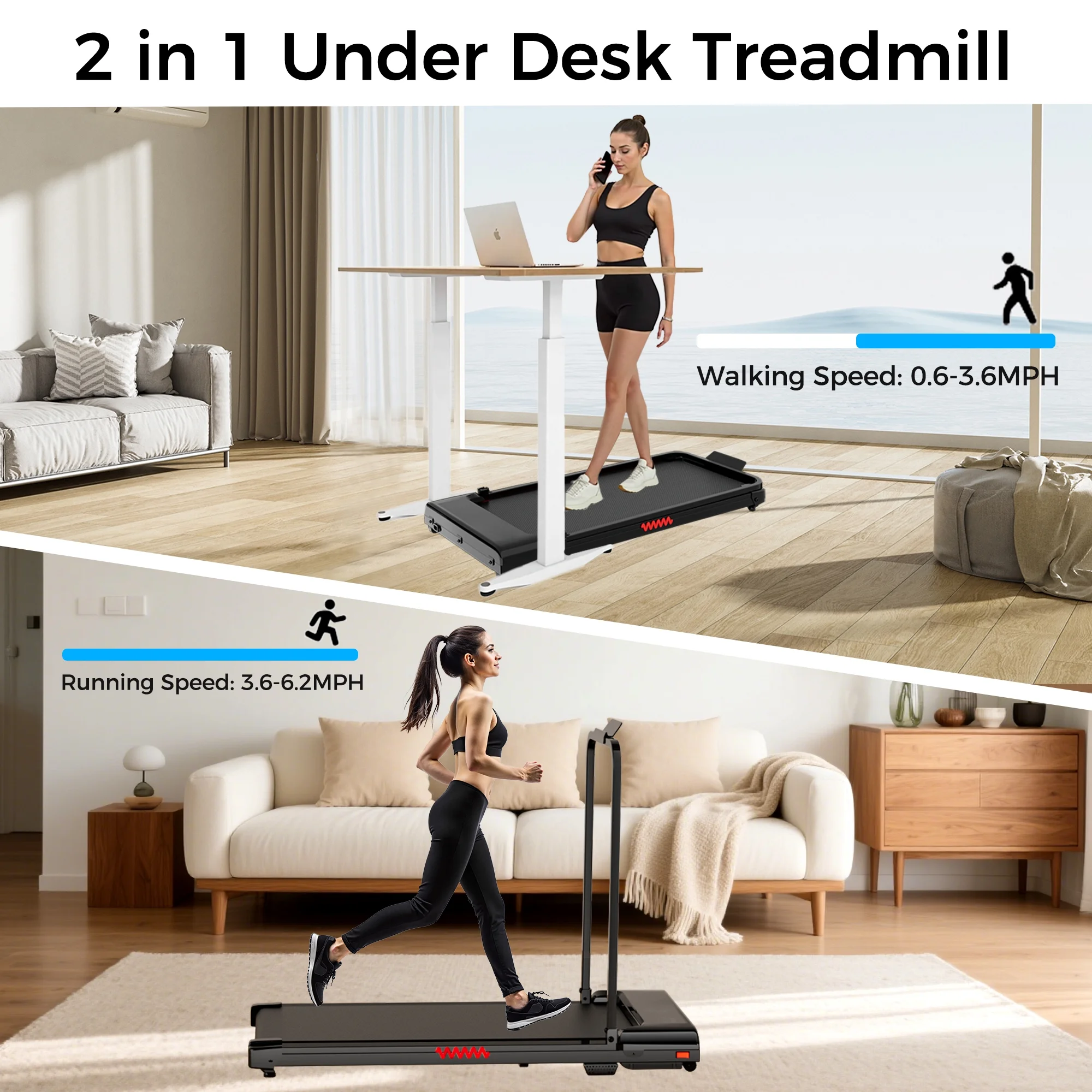 2 in 1 Walking Pad Treadmill, Foldable Treadmills with Handle Bar, 2.5HP Portable Folding Treadmill with Remote Control, Under Desk Treadmill for Home Office, 300lbs, Black