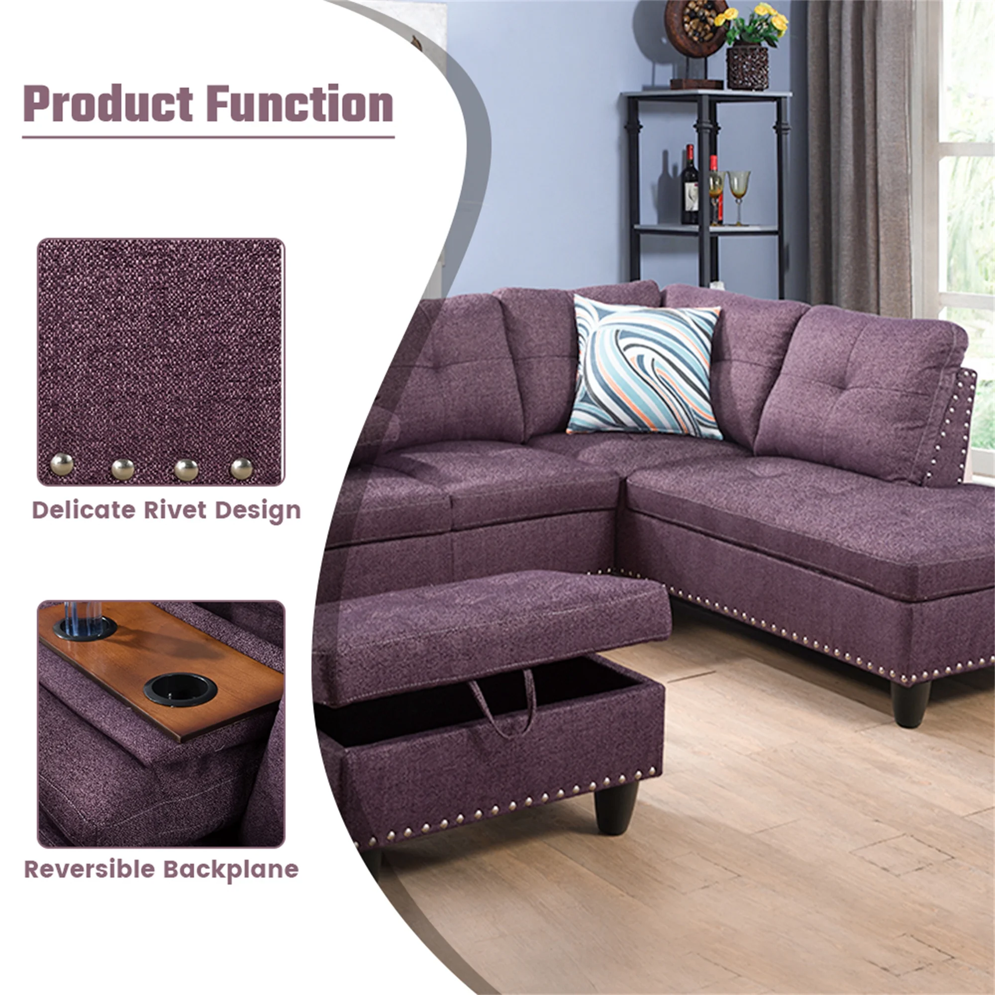 Aukfa 3 Piece Sectional Sofa, Living Room Couch with Storage Ottoman&Cup Holder, Linen, Left Hand, Black Gray