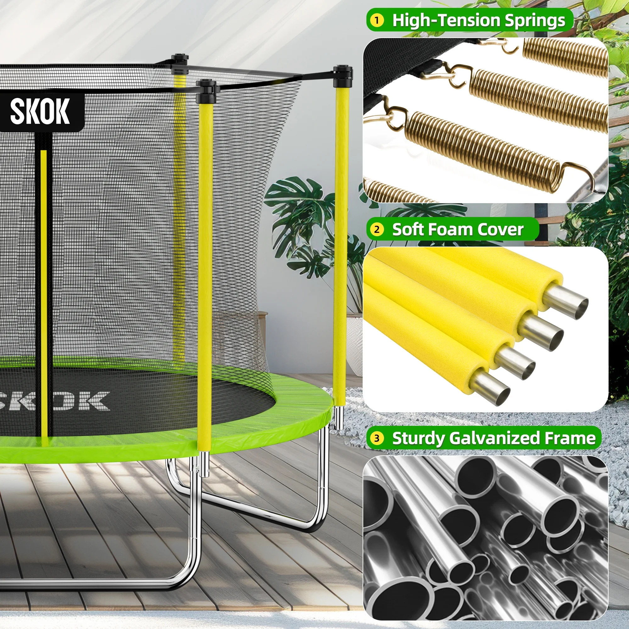 SKOK 8FT Large Cage Trampoline with Safety Enclosure Netting for Kids and Adults, 400LBS Capacity