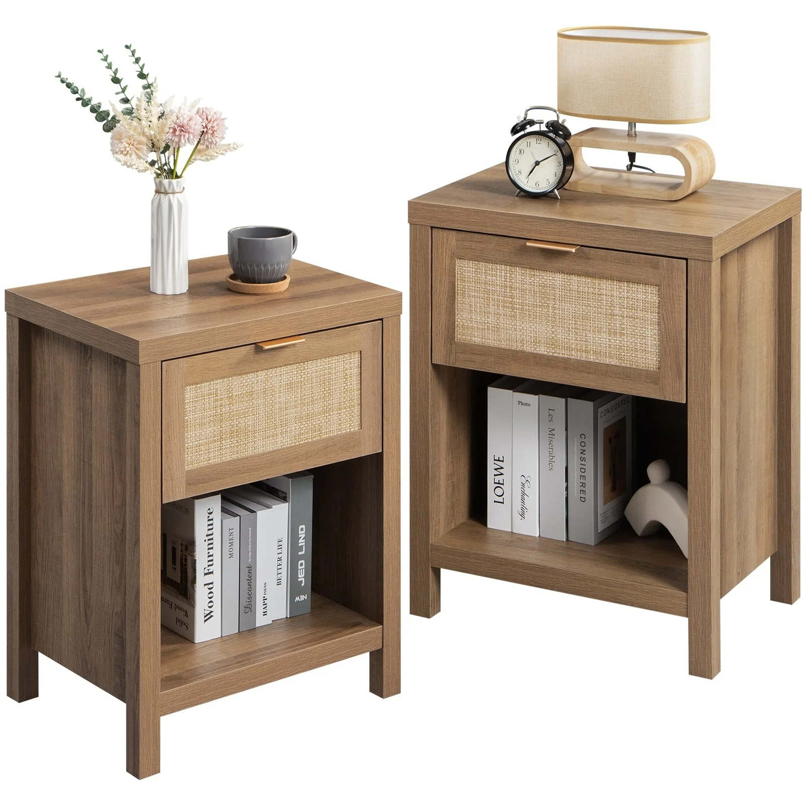 Surmoby Rattan Nightstand Set of 2,Farmhouse Bedside Tables with Drawer and Storage Shelf,Natural Boho End Table Side Table for Bedroom,Living Room