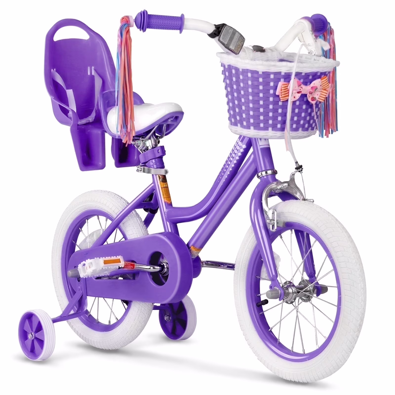 XJD Girls Bike for Toddlers 3-9 Years Old Kids, 14 Inch Kids Bike with Training Wheels, Streamers, Basket and Doll Seat, Children Bicycles with Handbrake