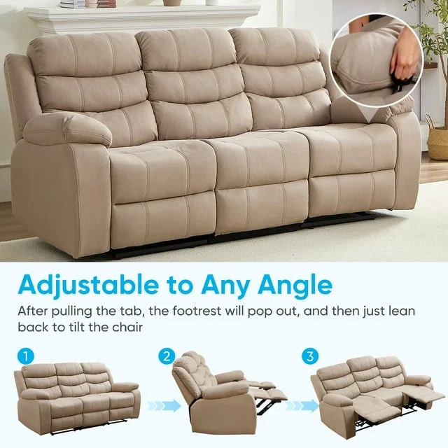 MUZZ Modern Reclining Sofa ,3-Seater Recliner Sofa with Cup Holders, Flip-Up Storage, Reversible Backrest and Footrest, Gray