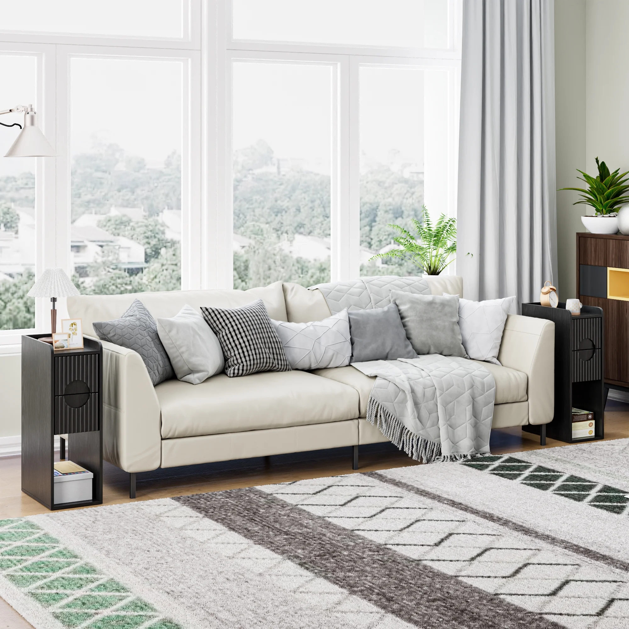 Narrow Nightstand Set of 2 with Drawers, Fluted Slim Side End Table with Storage for Small Spaces