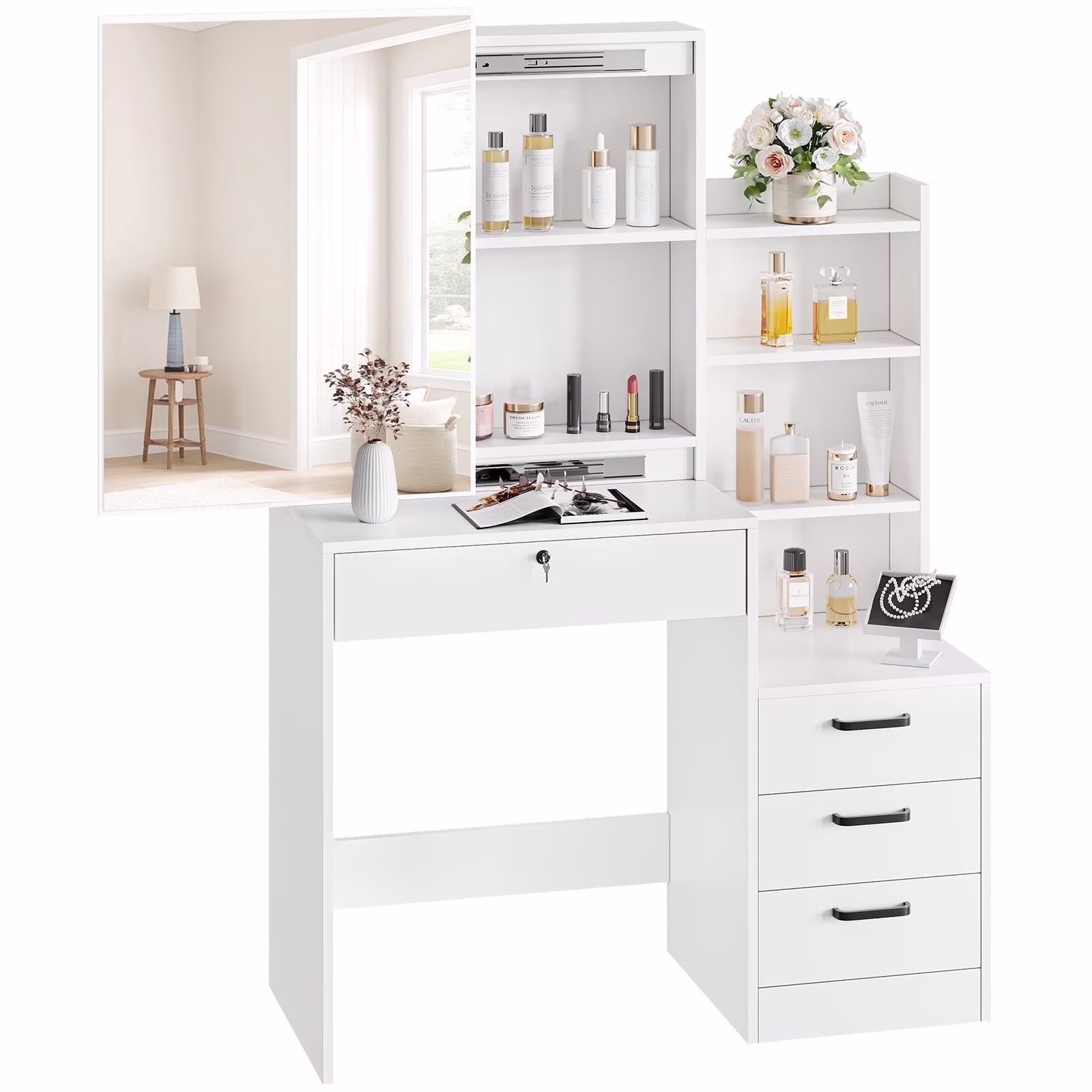 Furnibear Vanity Desk Set with Mirror and Light, Makeup Table with 2 Drawers and Cabinet, Power Outlet and 3 Color Modes Brightness Adjustable