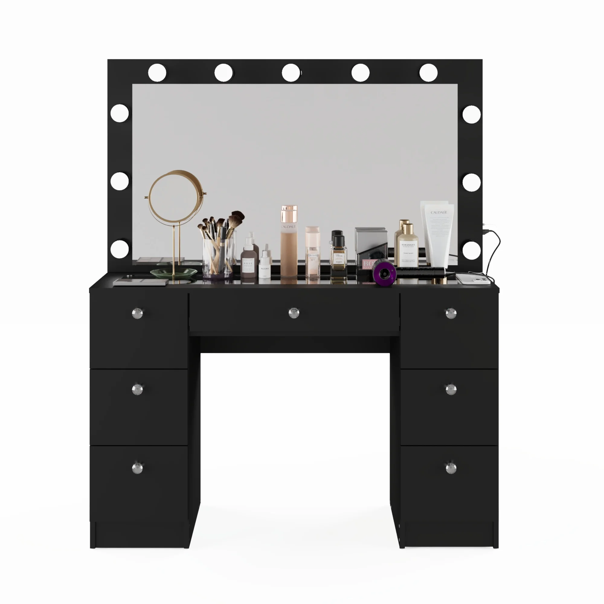 Ember Interiors Ibbie White Makeup Vanity with Glass Top, Lights, Charging Station