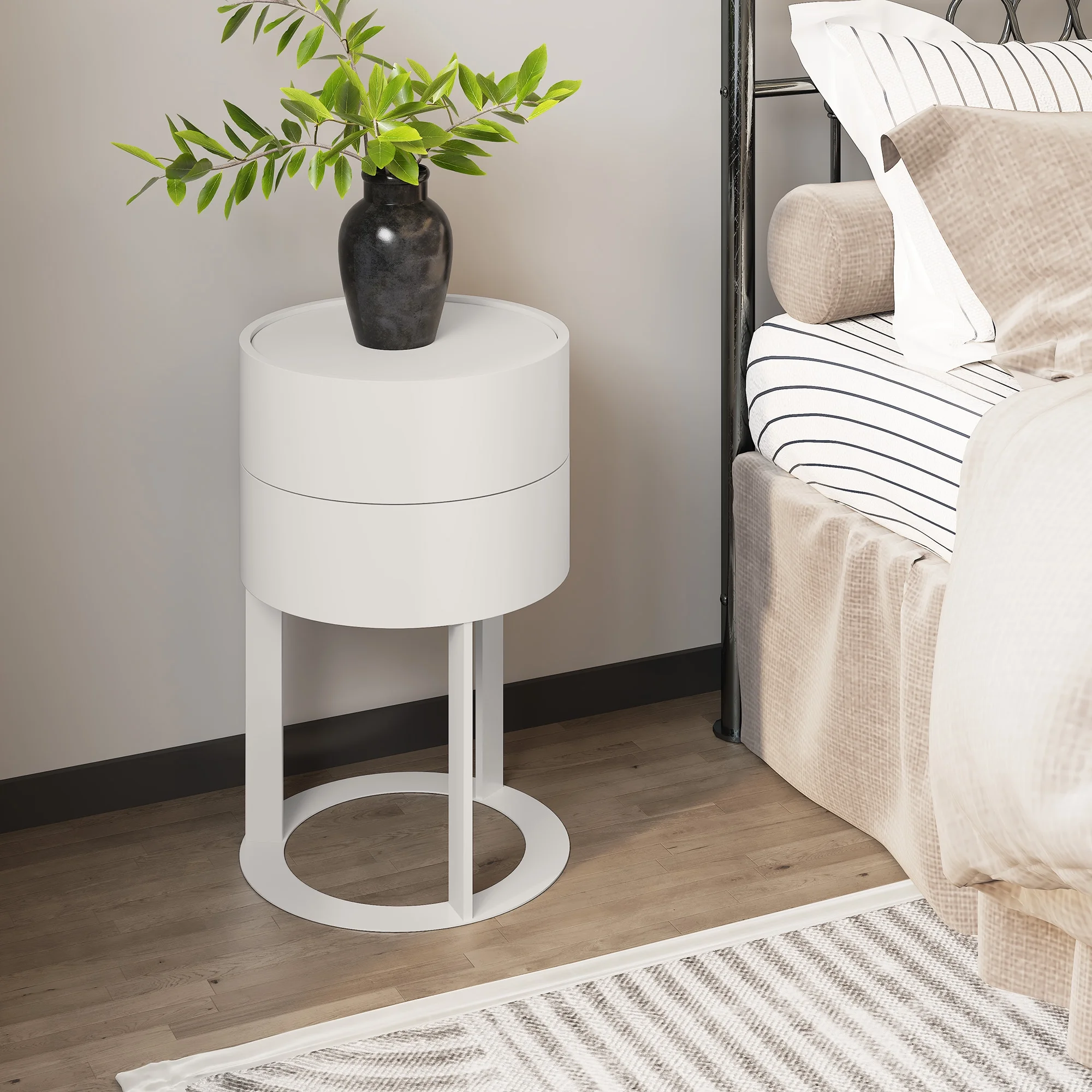 HLR Modern Round Wood Nightstand with Drawer, 2-Tier End Table for Living Room, Bedroom, Black