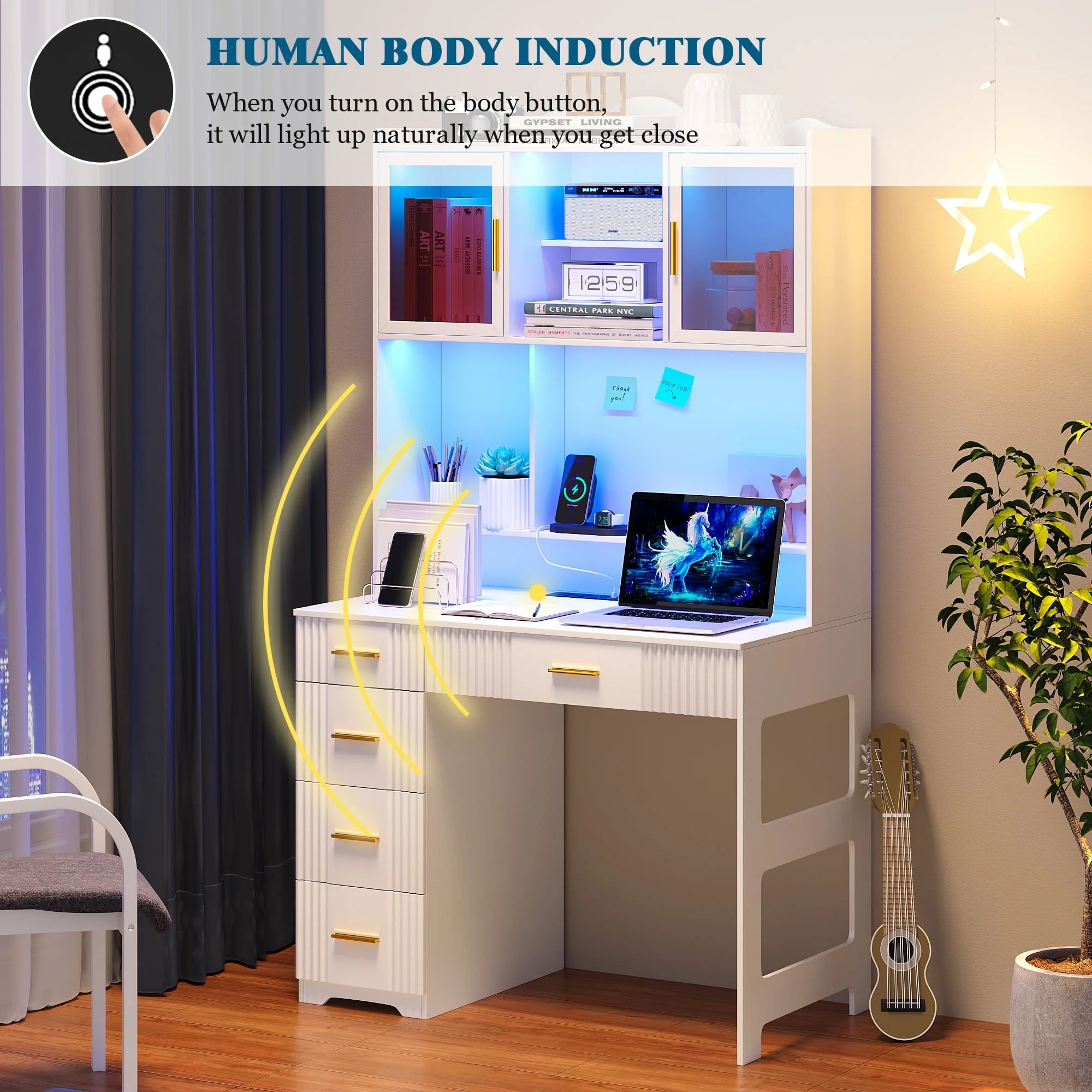 HNEBC LED Study Desk with Hutch and Drawer, Home Office Desk with Outlet, Computer Desk with Charging Station, Writing Desk for Bedroom, Workstation for Small Space