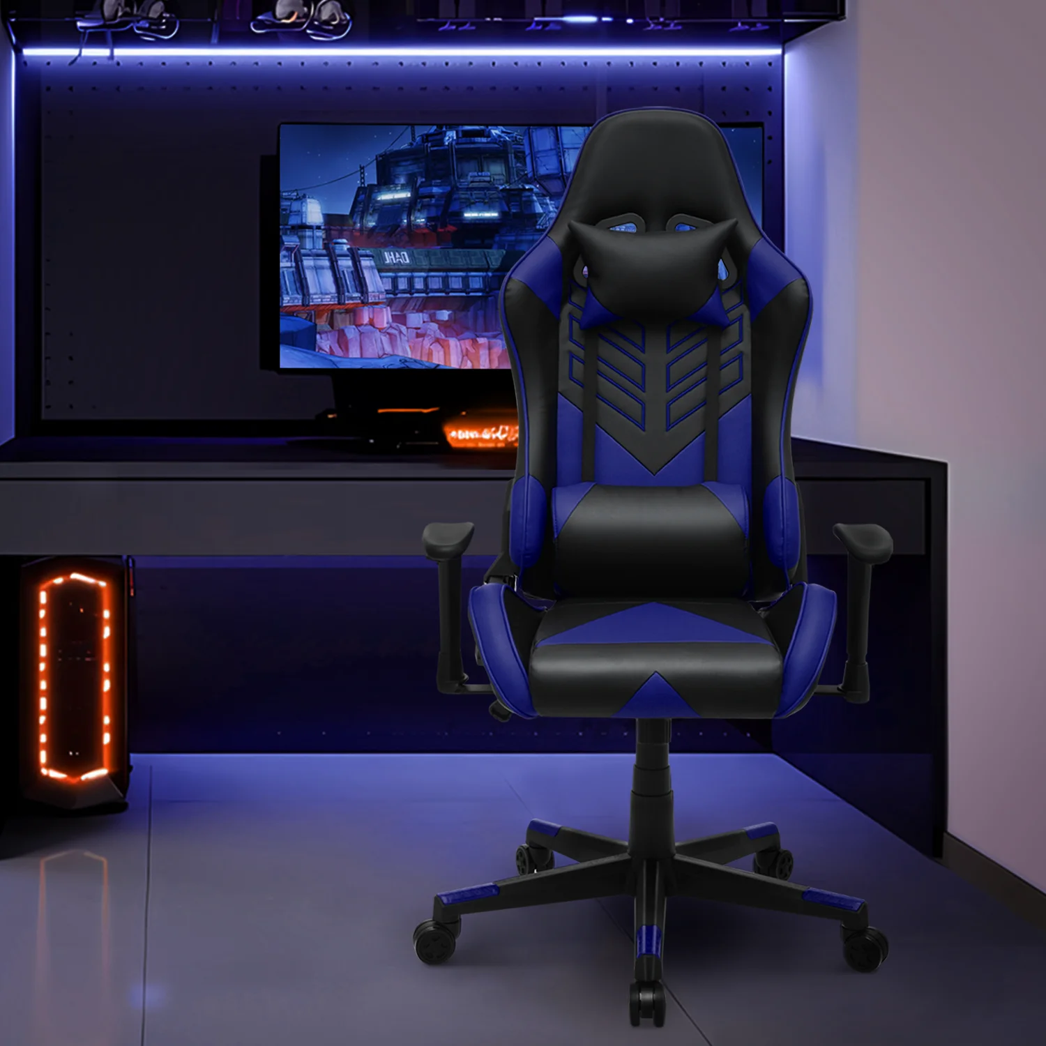 Magshion Ergonomic Gaming Chair, Comfortable Gaming Chair, Computer Chair Leather Desk Chair Adjustable Swivel Gaming Office Chair, Blue