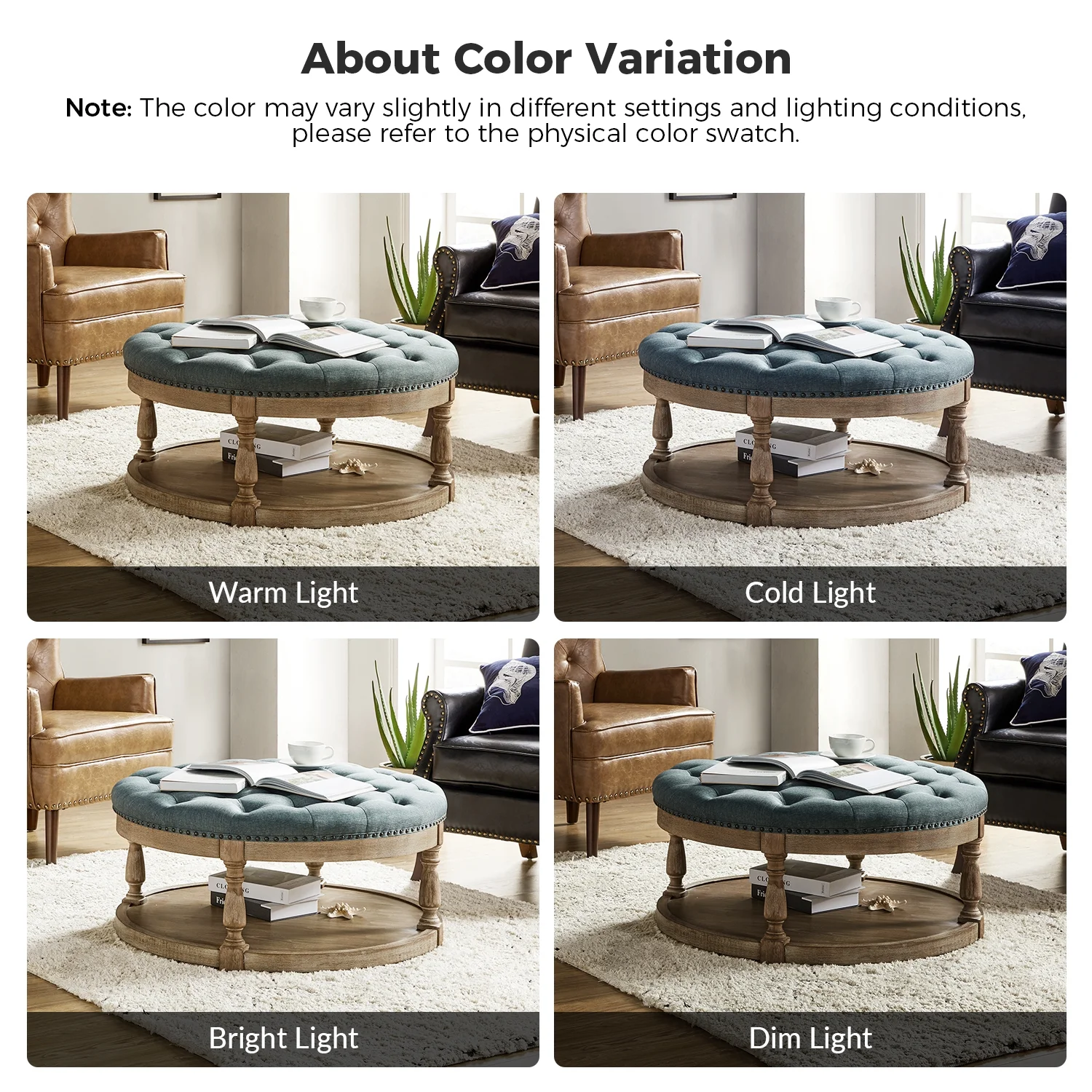 36'' Wide Blue Round Large Ottoman Tufted Coffee Table with Storage Wood Legs Home Living Room