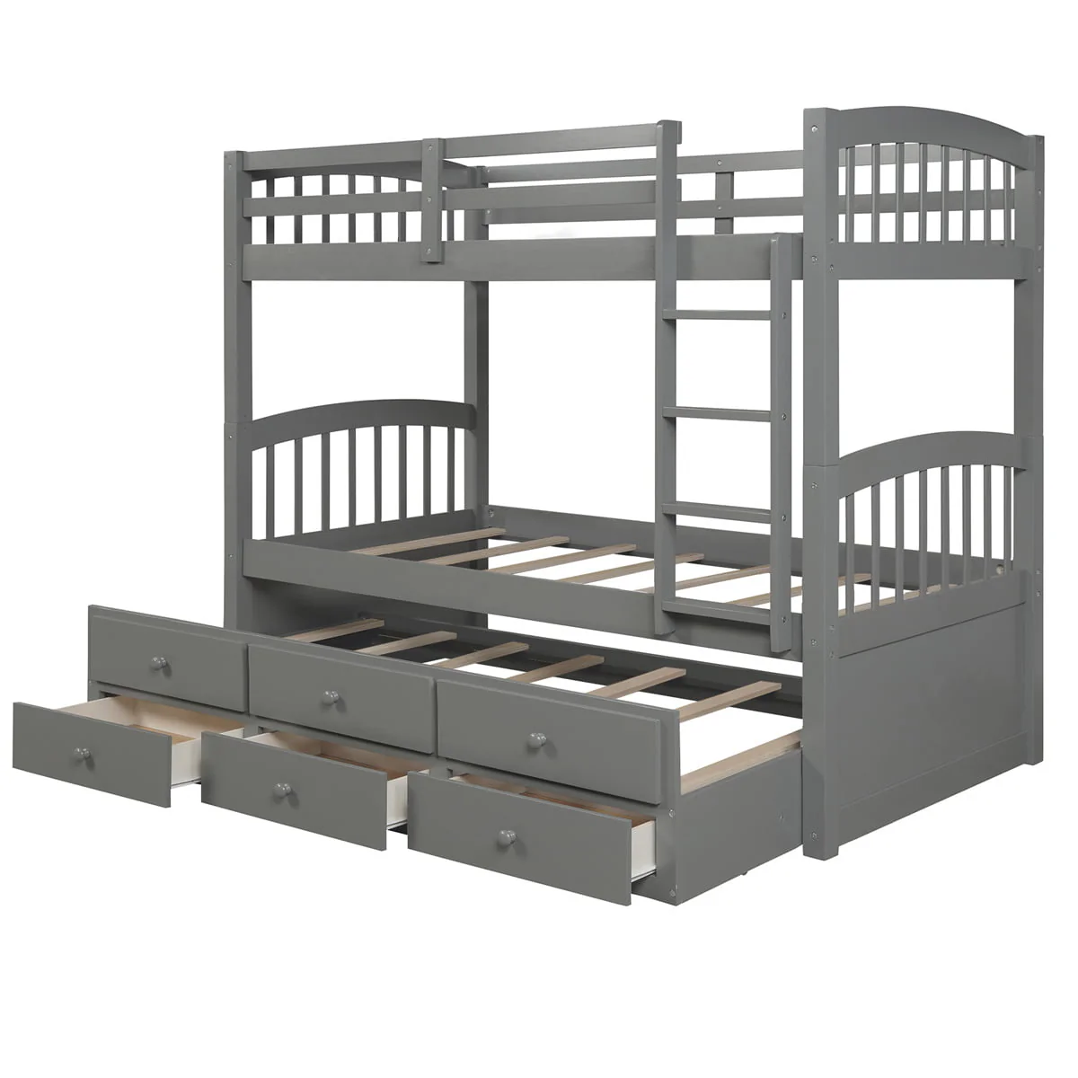 Twin-Over-Twin Bunk Bed with 3 Storage Drawers, Twin Bunk Bed Frame with Ladder & Safety Rail, Pinewood Trundle Bunk Bed for Teen Bedroom, Guest Room Furniture, Can be Convertible to 2 Beds, Gray