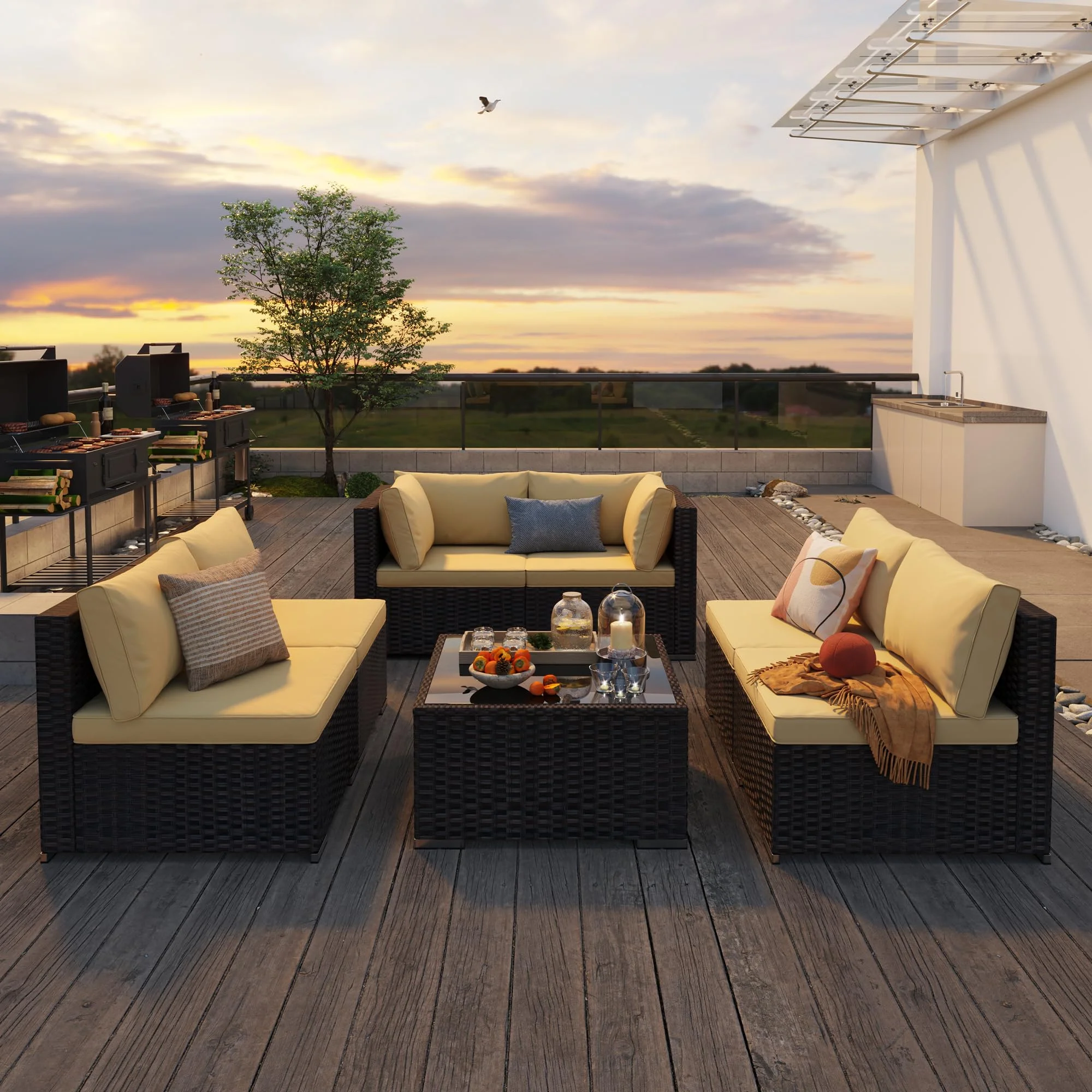 Patio Furniture Set, Lofka 7 Piece Outdoor Sectional Furniture Chair Set with Cushions and Coffee Table, Gray