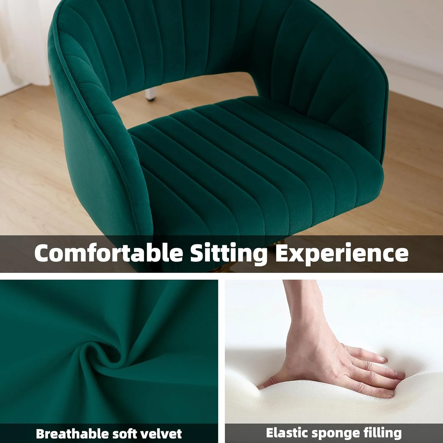 Westice Home Office Desk Chairs, Velvet Task Chair, Height Adjustable Swivel Vanity Chair with Golden Base for Vanity Study, Living Room Computer Room, Beige