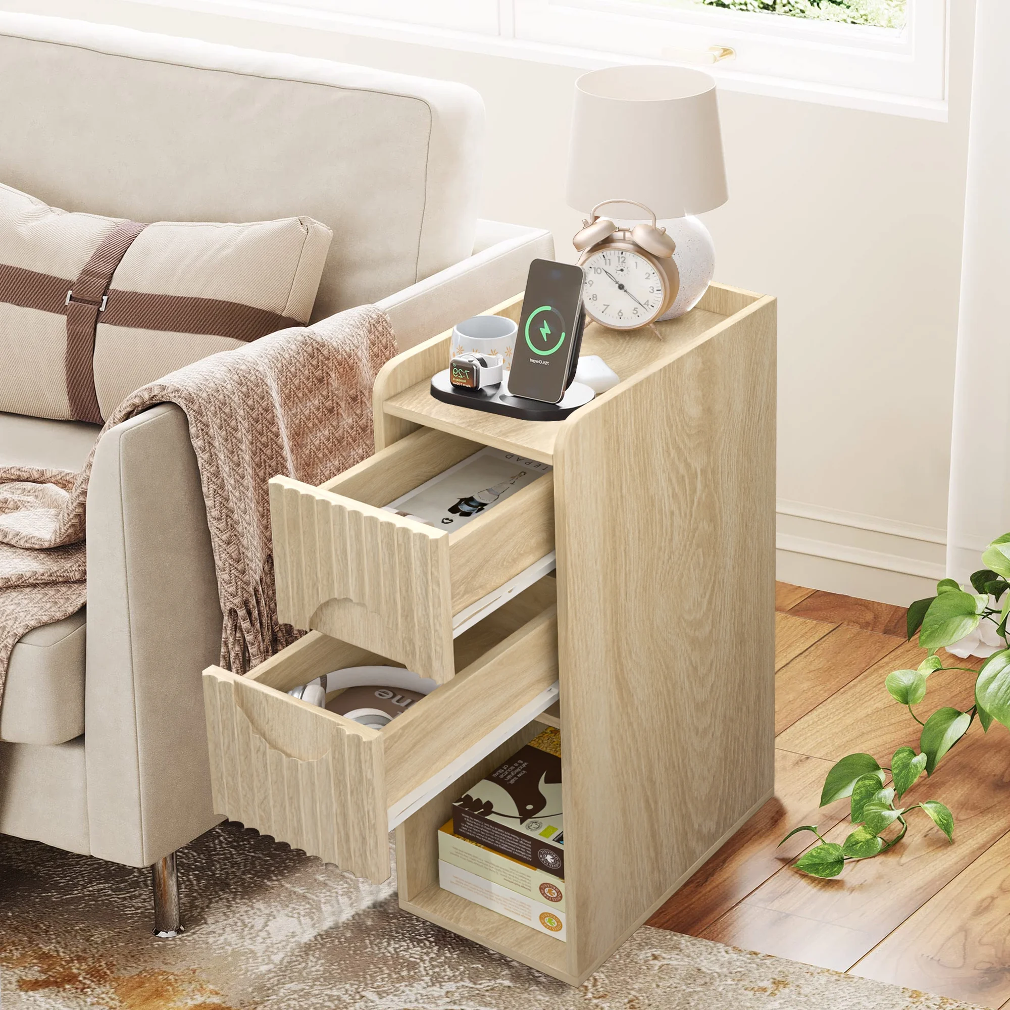 Narrow Nightstand Set of 2 with Drawers, Fluted Slim Side End Table with Storage for Small Spaces