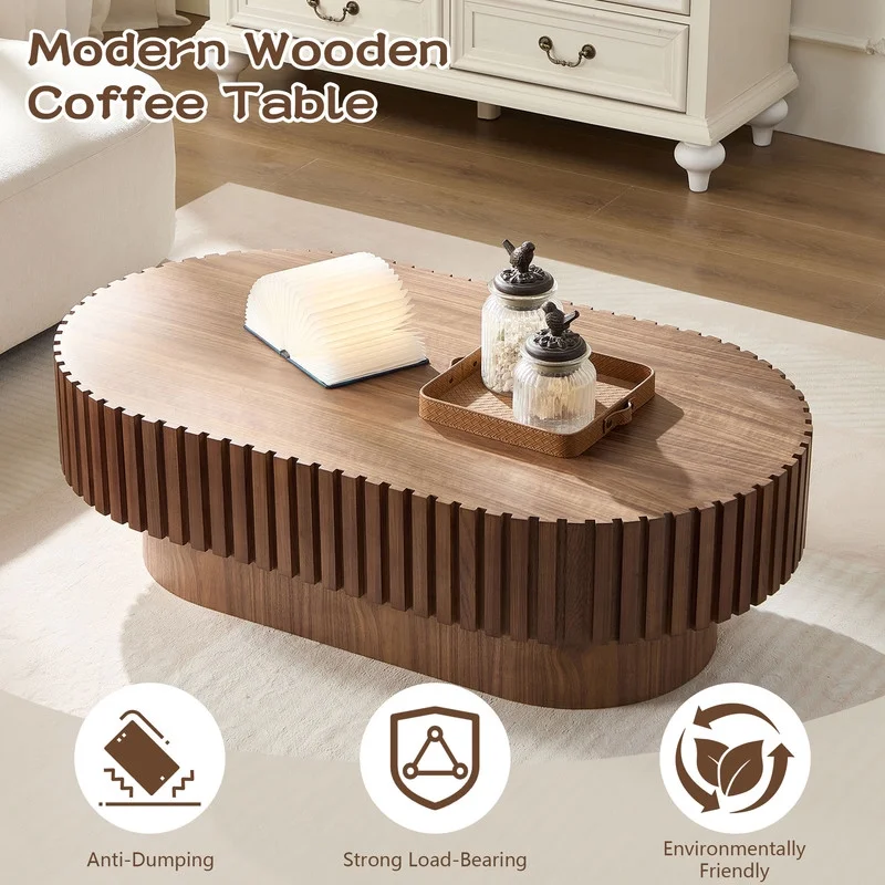 FFH 43.7 inch Oval Coffee Table for Living Room,Handcraft Rustic Corner Coffee Table Nature Wood Relief Sturdy Pedestal for Apartmen,Side Table Centre Table,Nature Wood