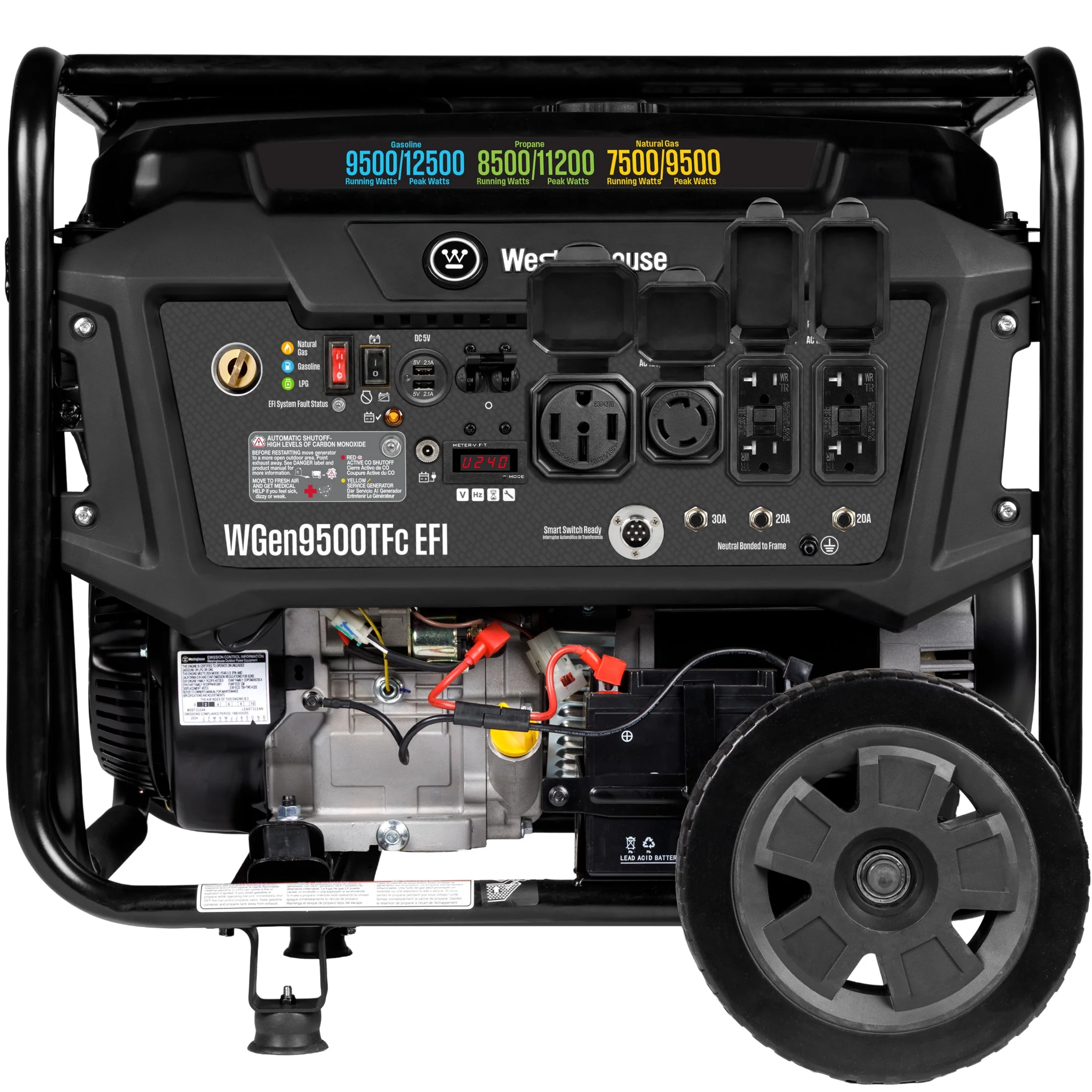 Westinghouse 12500 Peak Watt EFI Tri Fuel Home Backup Portable Generator, Remote Electric Start, Transfer Switch Ready, Gas and Propane Powered, CO Sensor, CARB Compliant