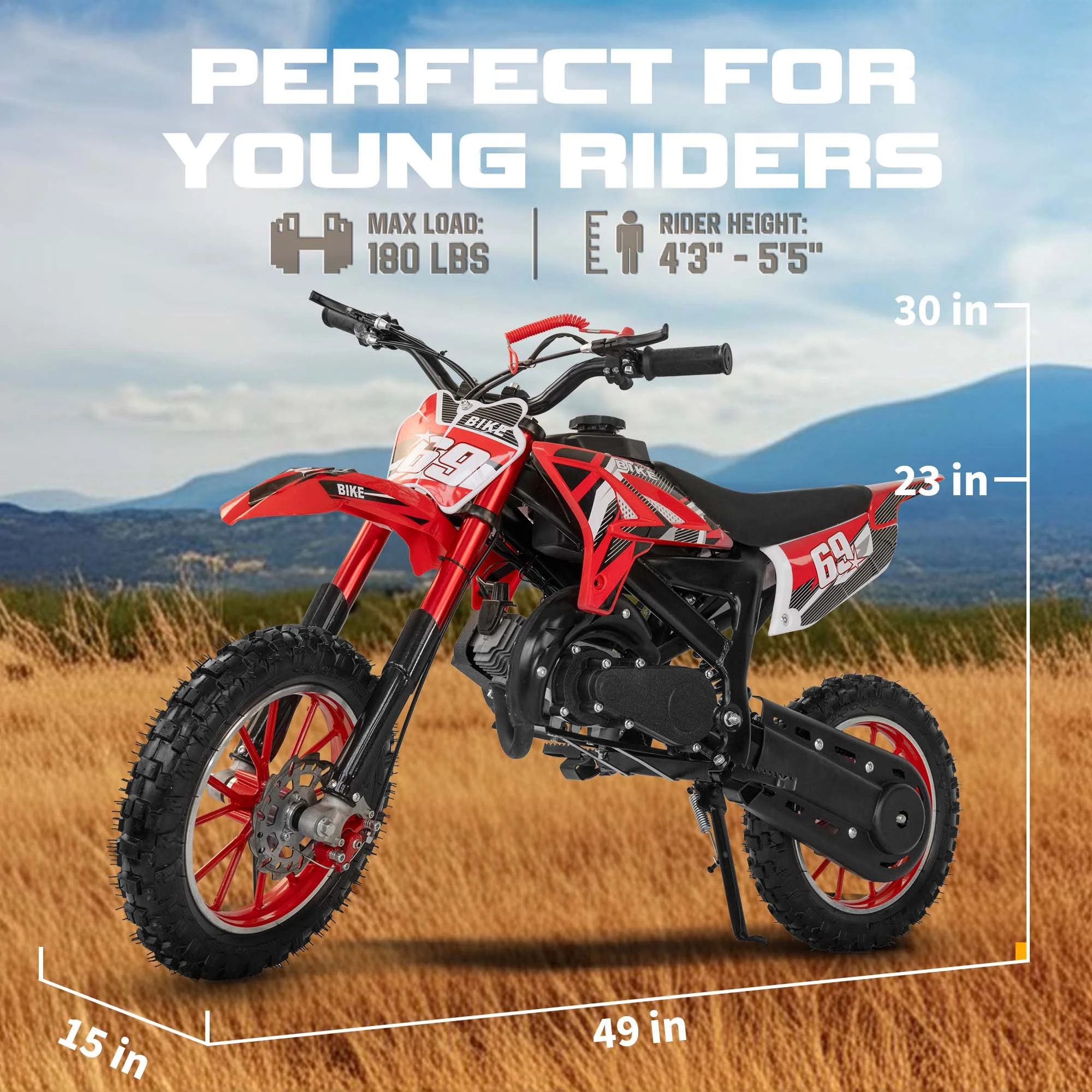 MX moto 49CC Kids Dirt Bicycle, 2-Stroke Gas Powered Off Road Motorcycle, Tire Shock Absorber Spring Soft Seat Cushion with Front and Rear Disc Brake, Max Speed 28 MPH