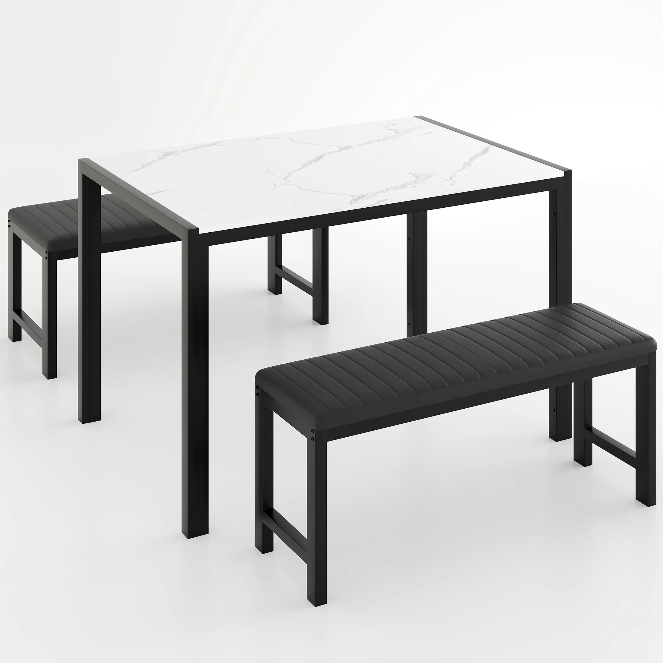 UHOMEPRO Dining Room Table Set, 3-Piece Dining Table Set with 2 Benches, Kitchen Table Set for 4 with Metal Frame, Modern Dining Room Set Furniture Set for Bar Dining Room Breakfast Nook, Black