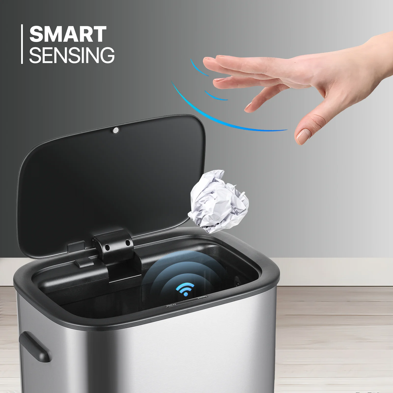 MoNiBloom Kitchen Trash Can 14.5 Gallon Garbage Can Automatic Motion Sensor Waste Bin Touchless Trash Can with Lid for Home Bathroom Office, Silver