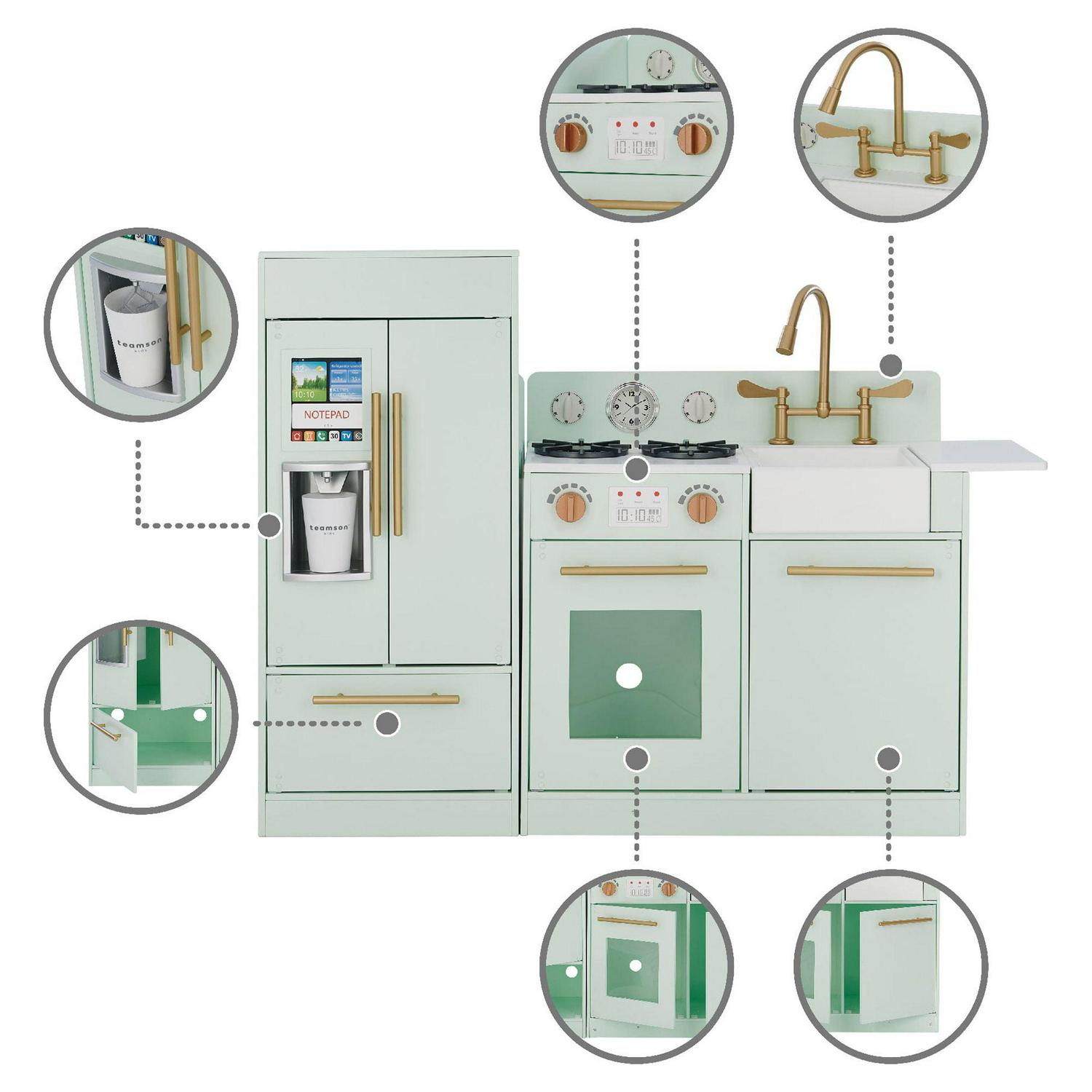 Teamson Kids Little Chef Charlotte Play Kitchen Set – Toddler Wooden Kitchen Playset with Stove. Sink & Refrigerator. Toy Cooking Set for Ages 1-7. Mint/Gold