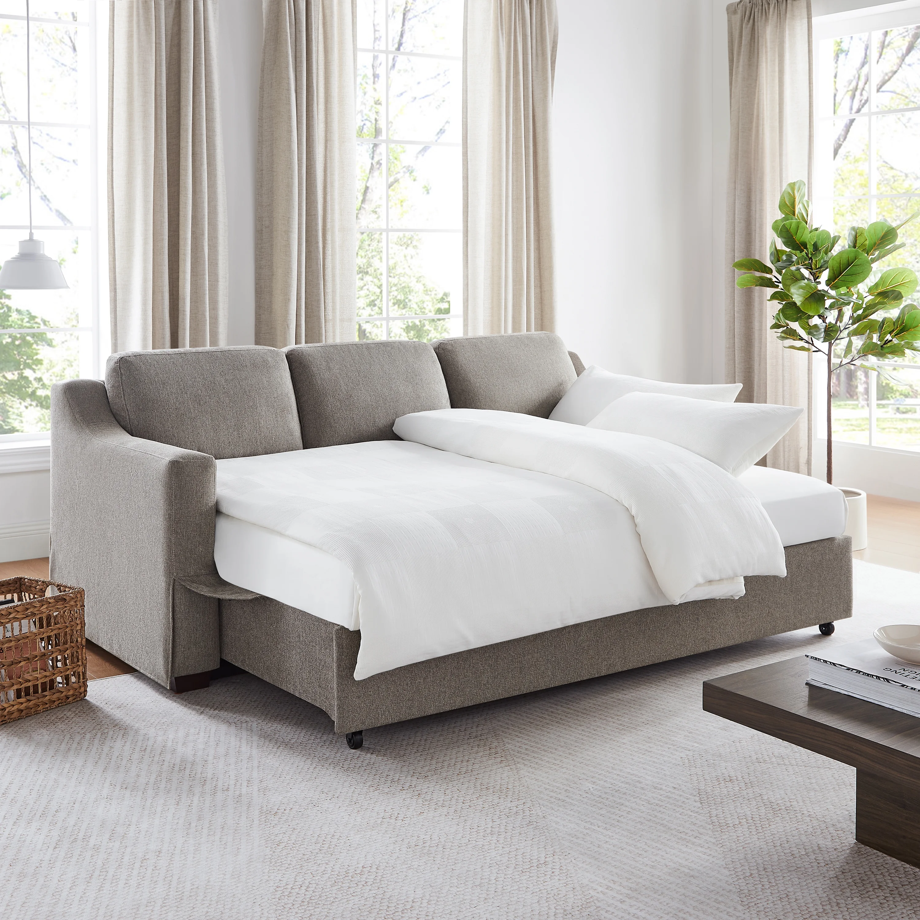 Serta Hanson Modern Farmhouse Convertible Sofa with Queen Size Sleeper, Linen Fabric