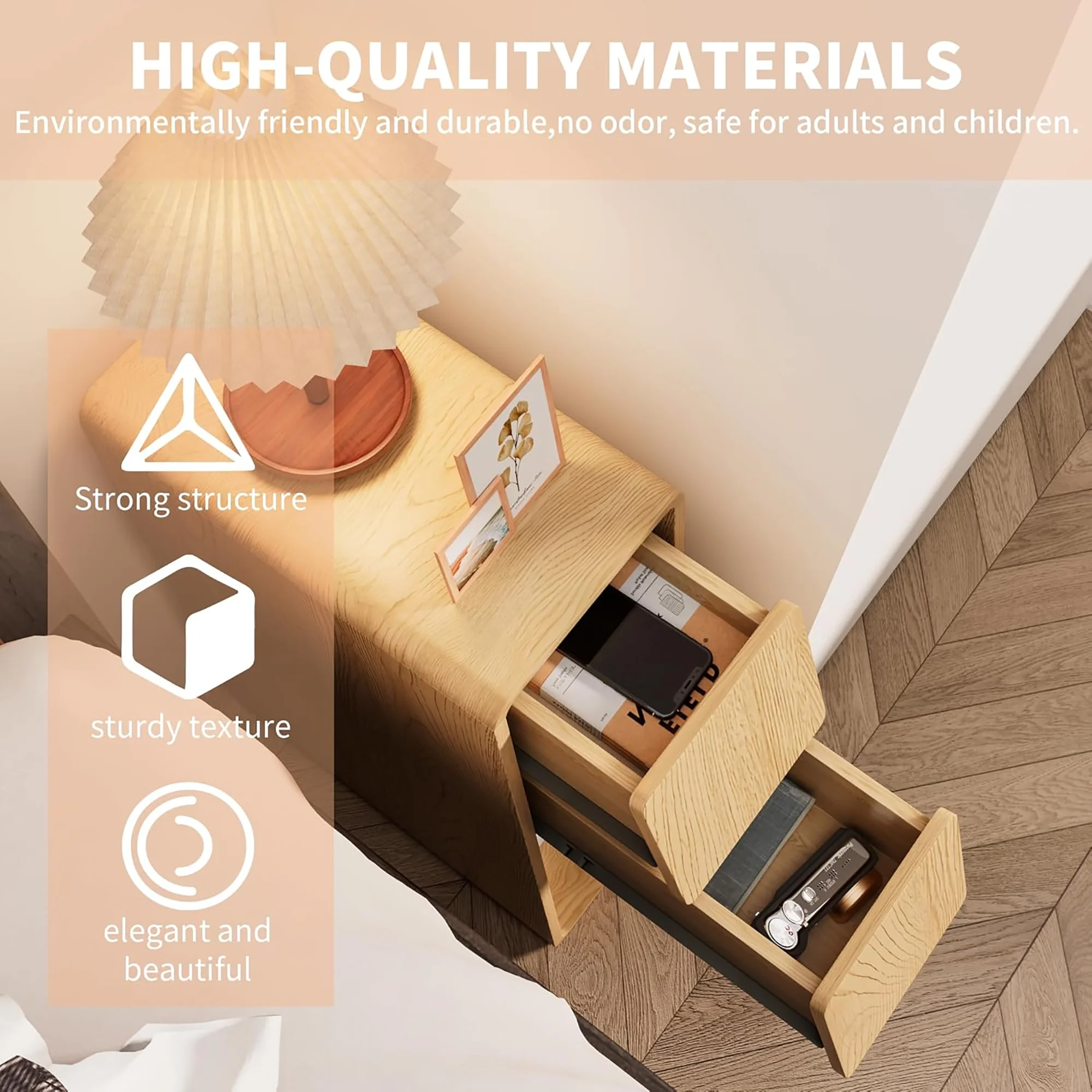 Narrow Nightstand Set of 2 with Drawers, Fluted Slim Side End Table with Storage for Small Spaces