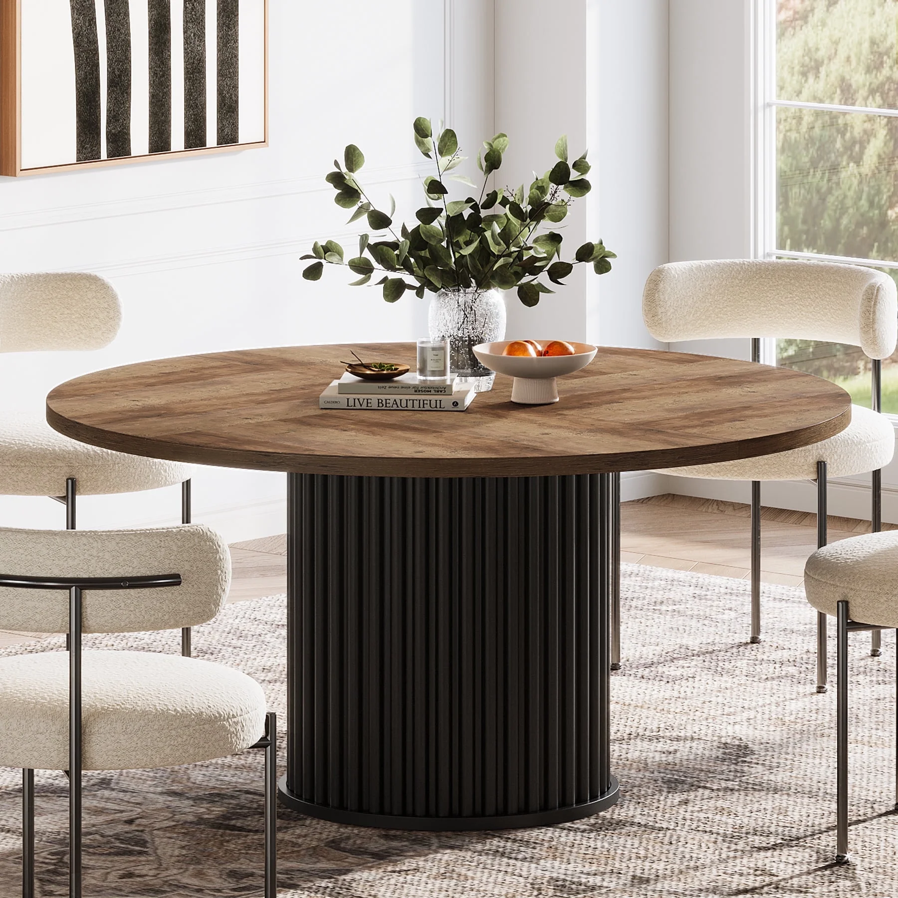 Tribesigns Black Round Dining Table for 4-6 People, 47.24-Inch Circle Wood Kitchen Table with Sturdy Fluted Metal Base, Modern Dining Room Furniture