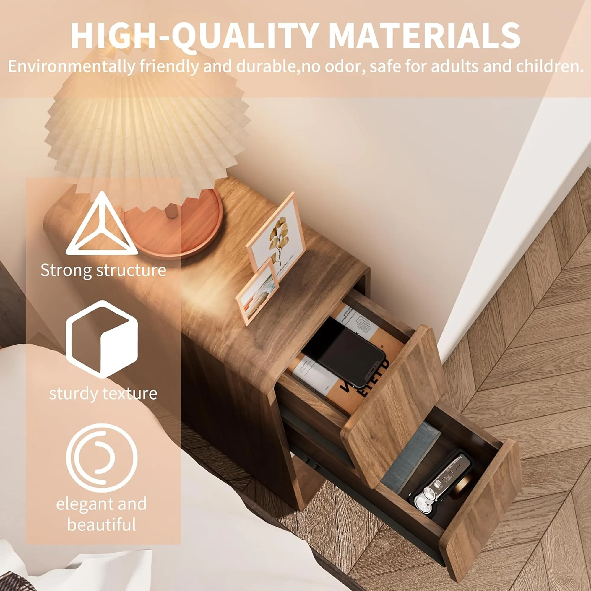 Narrow Nightstand Set of 2 with Drawers, Fluted Slim Side End Table with Storage for Small Spaces