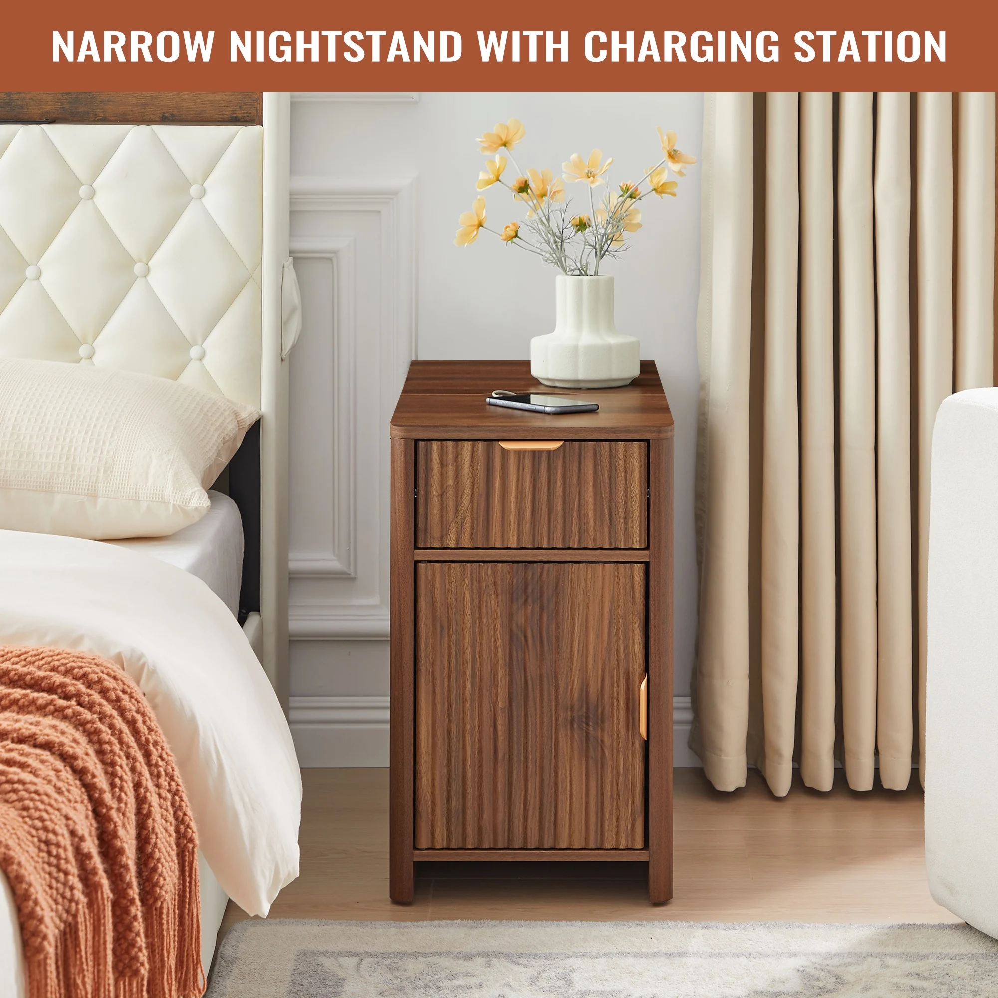 YOCWO Fluted Nightstand for Bedroom Set of 2 , Wood Bedside Table Set of 2 with Drawers, Black