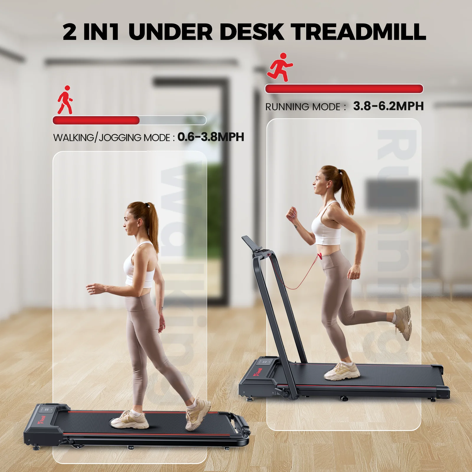 Treadmill 2 in 1 for Home/Office,Patbrela 300 Lbs Walking Pad Treadmill with HandleBar,Under Desk Treadmill with Mat, Touch Control,LED Display & Remote Control