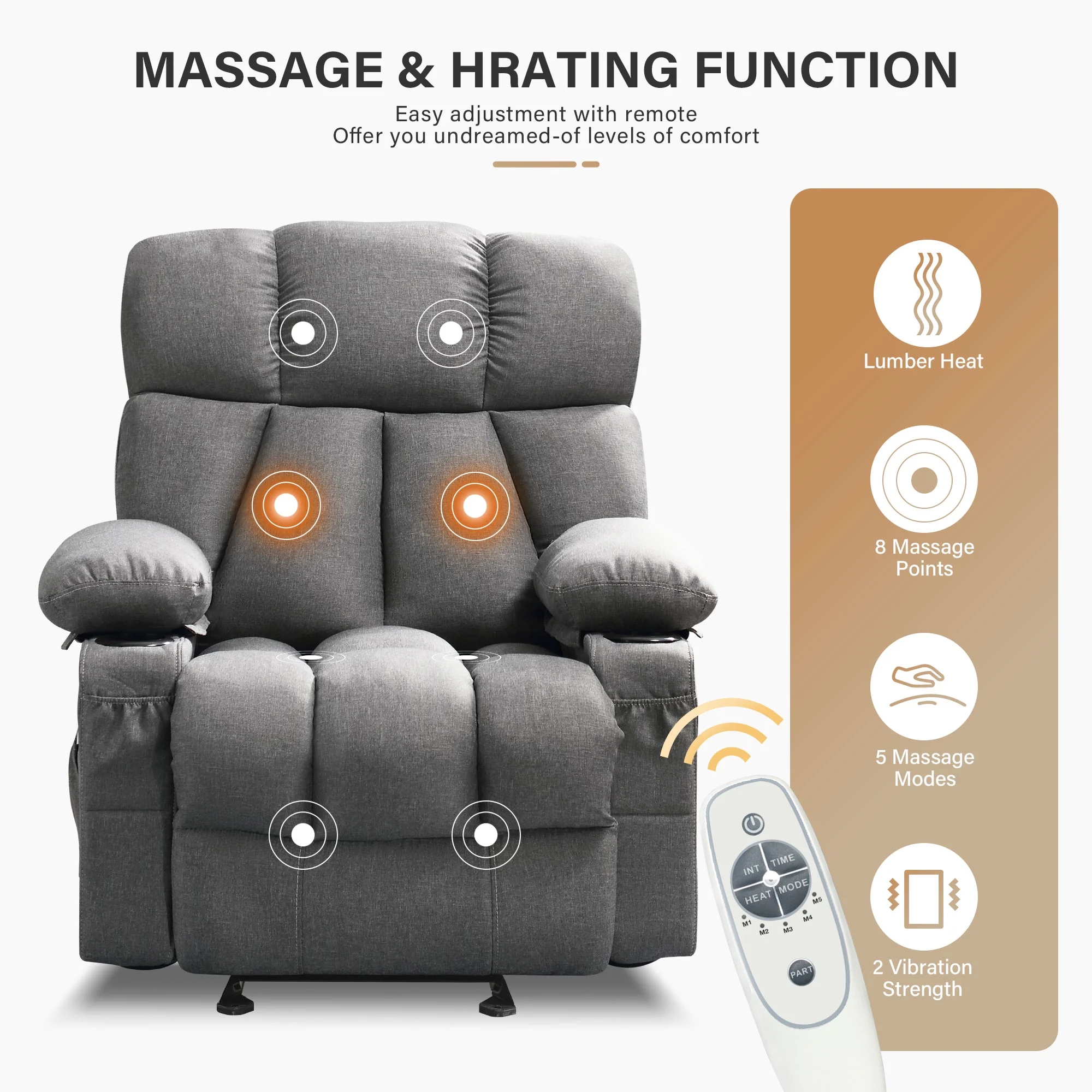 JONPONY Manual Recliner Chair with Heat Therapy and Massage Function, Heavy Duty Reclining Mechanism Massage Chair, Elderly Single Rocker Sofa with Cup Holders for Bedroom Home Theater,Grey