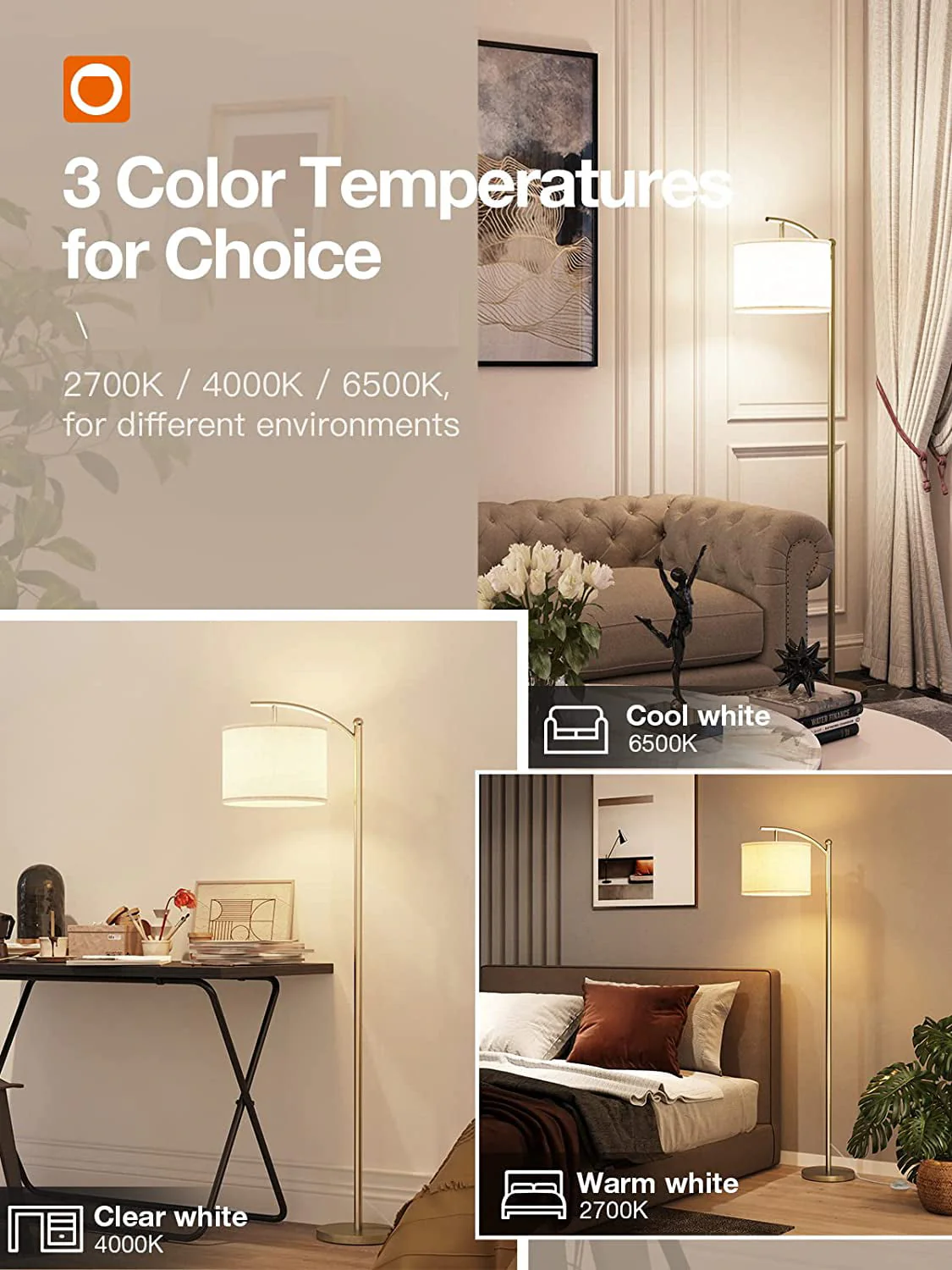 addlon Floor Lamp with 3cct LED Bulb, Lamp for Living Room with Beige Linen Lamp Shade, Modern Standing Lamp Floor Lamps for Bedrooms - Brass Gold