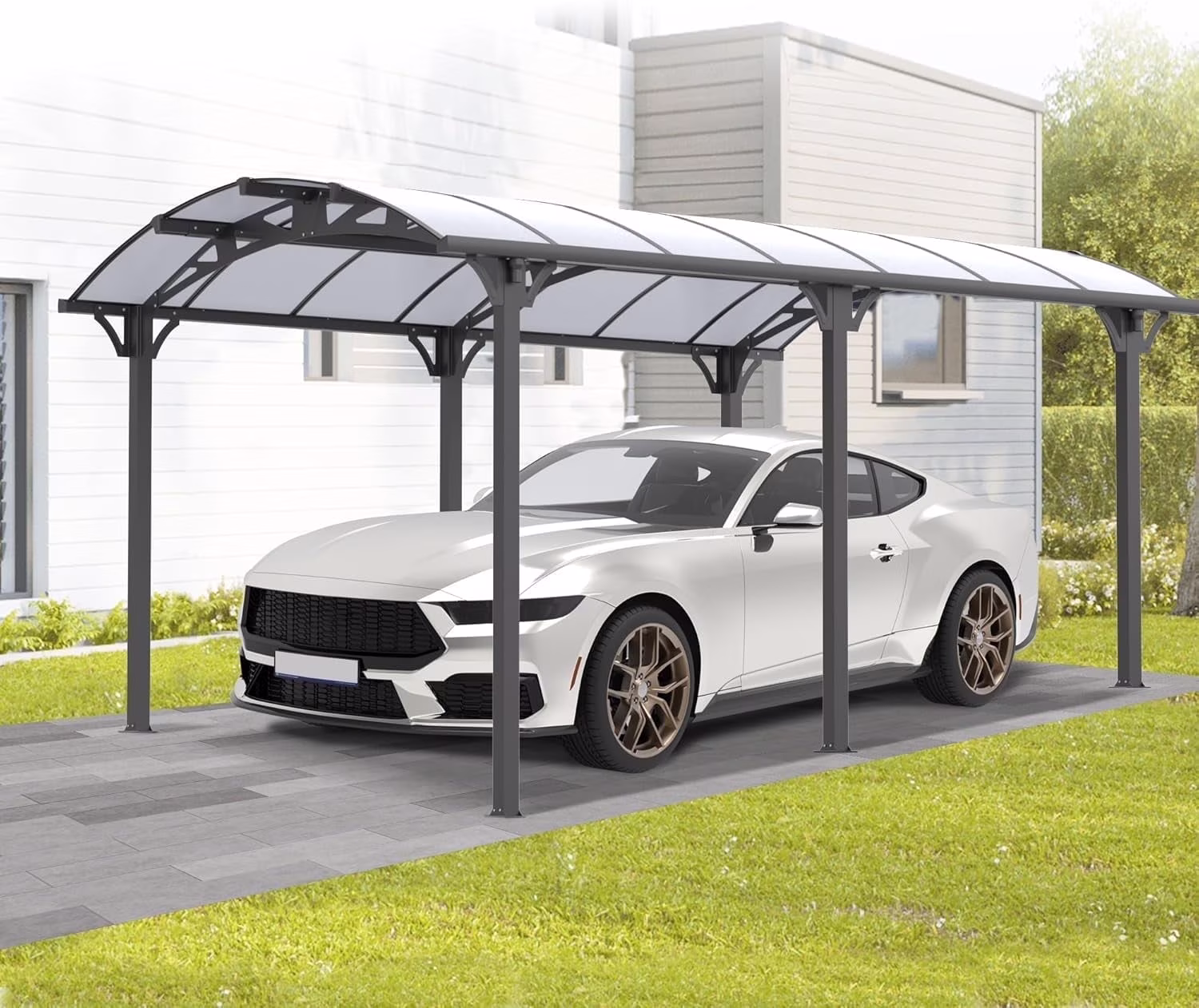 JINSEED 10 x 16ft Metal Carport with Heavy Duty Metal Frame & Pitched-Roof Polycarbonate Panel Canopy, Multi-Purpose Shelter for Car, Truck, SUV, Tractor, and Boat,Gray