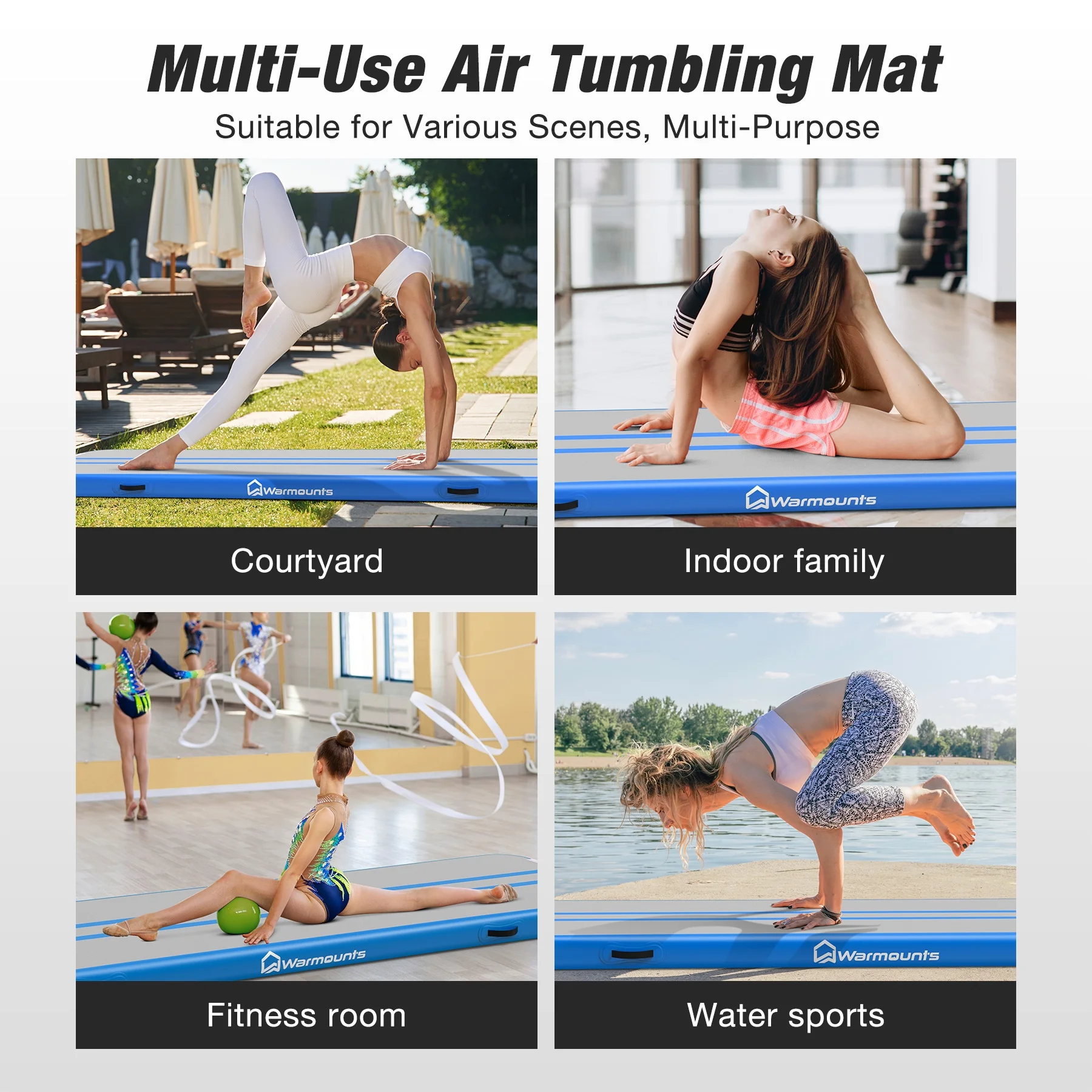 WARMOUNTS Tumbling Mat, 10 ft Inflatable Air Gymnastics Training Mats w/ Electric Pump, 4'' Thick Tumble Track for Home, Gym, Cheerleading, Water, Outdoor