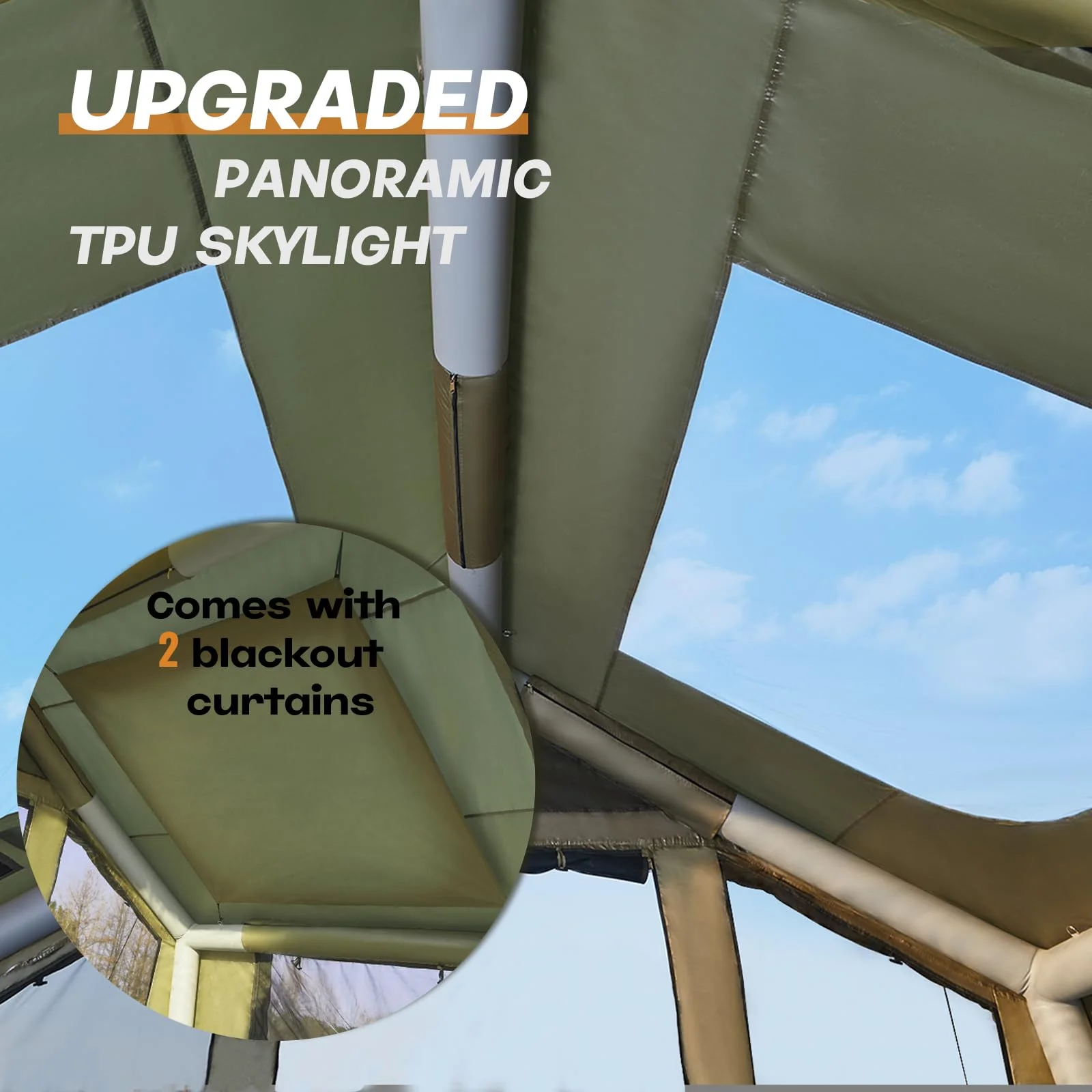 Yoleny 12'x8' Inflatable Tent, 96 SFT Blow Up Tent for Camping, 4 Season Oxford Glamping Tents with Clear Skylight, Pump & Stove Jack