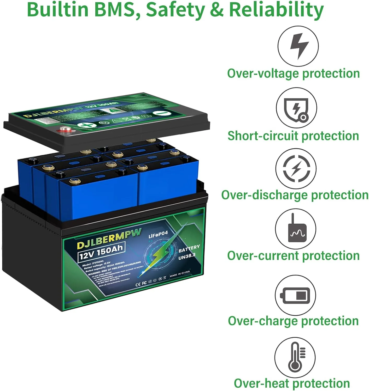 ?DJLBERMPW 12V LiFePO4 Lithium Battery 150Ah,4000-15000 Deep Cycle Marine Battery,12V 150Ah Lithium Batteries for Trolling Motor,Boat,Golf Cart,RV,Solar,Built in 120A BMS 1920W,10 Years of Life