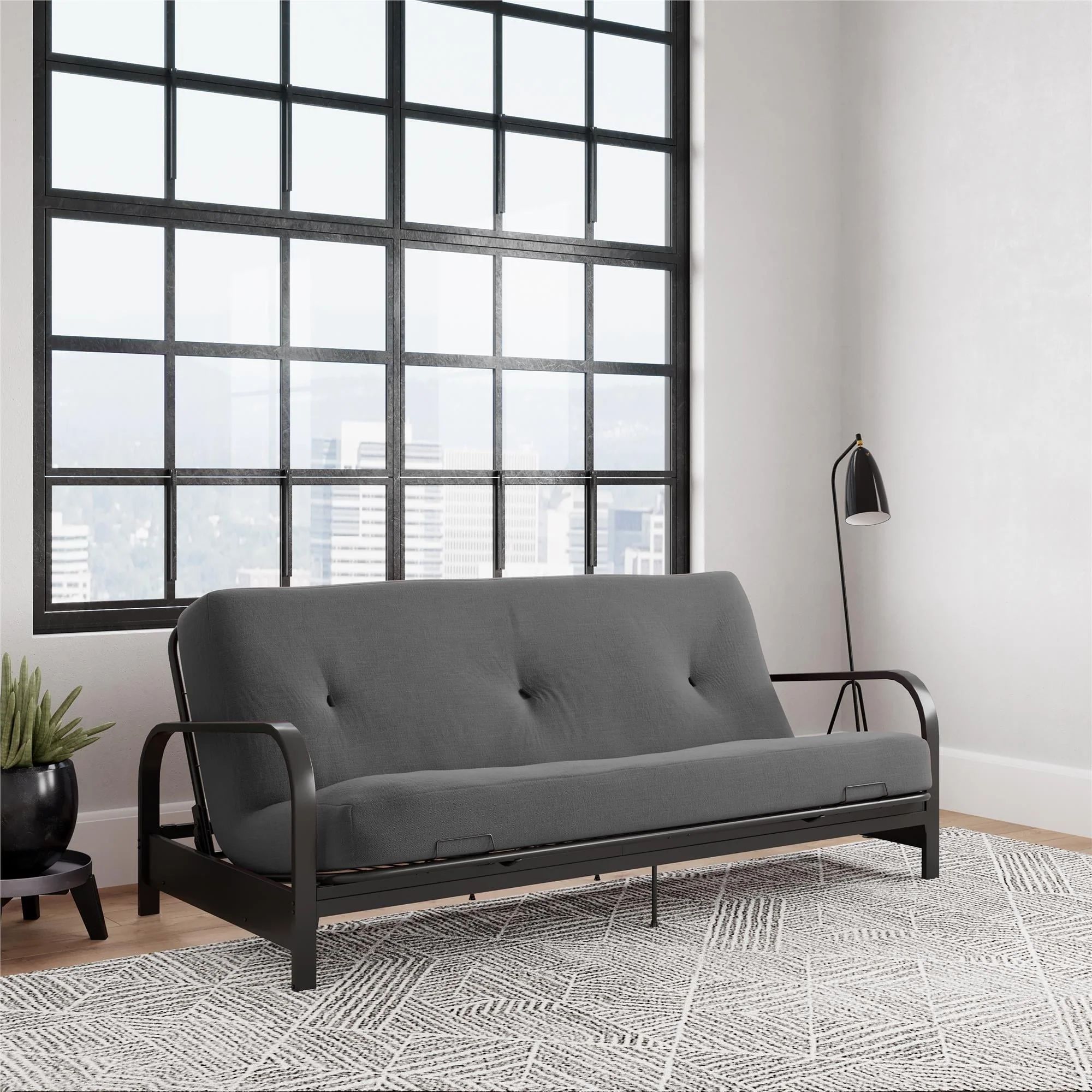 DHP Cleo Black Metal Arm Full Size Futon Frame with 6” Gray Mattress