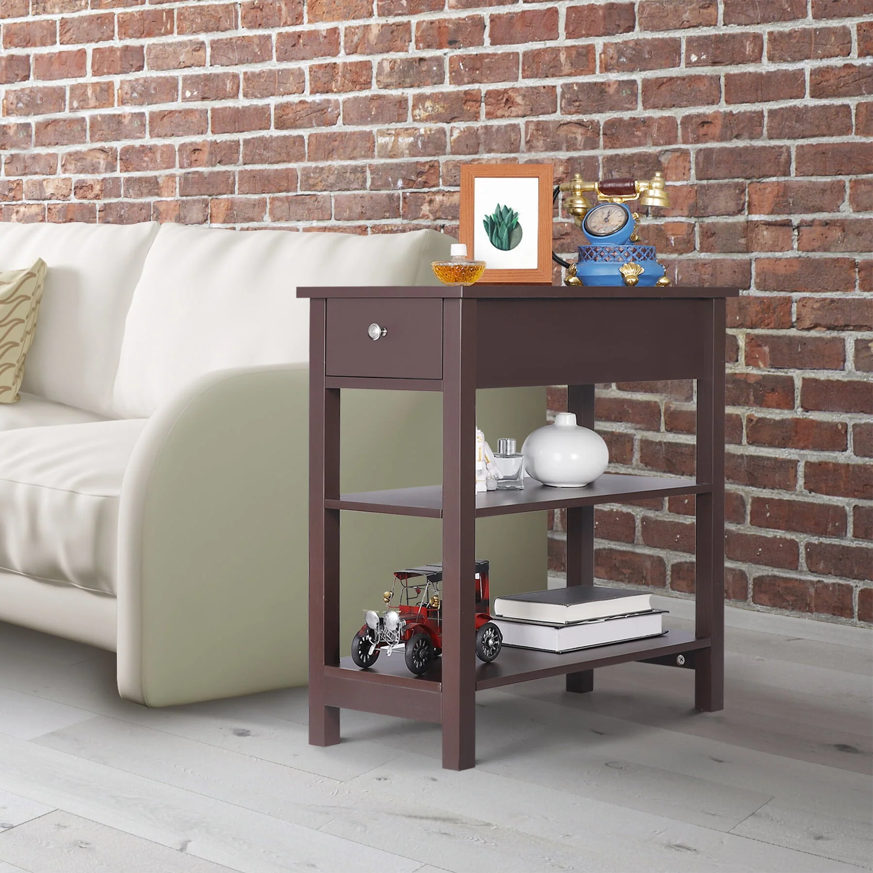 HomGarden 3 Tier Small End Table Modern Narrow Rectangle Sofa Side Table W/Drawer, Espresso