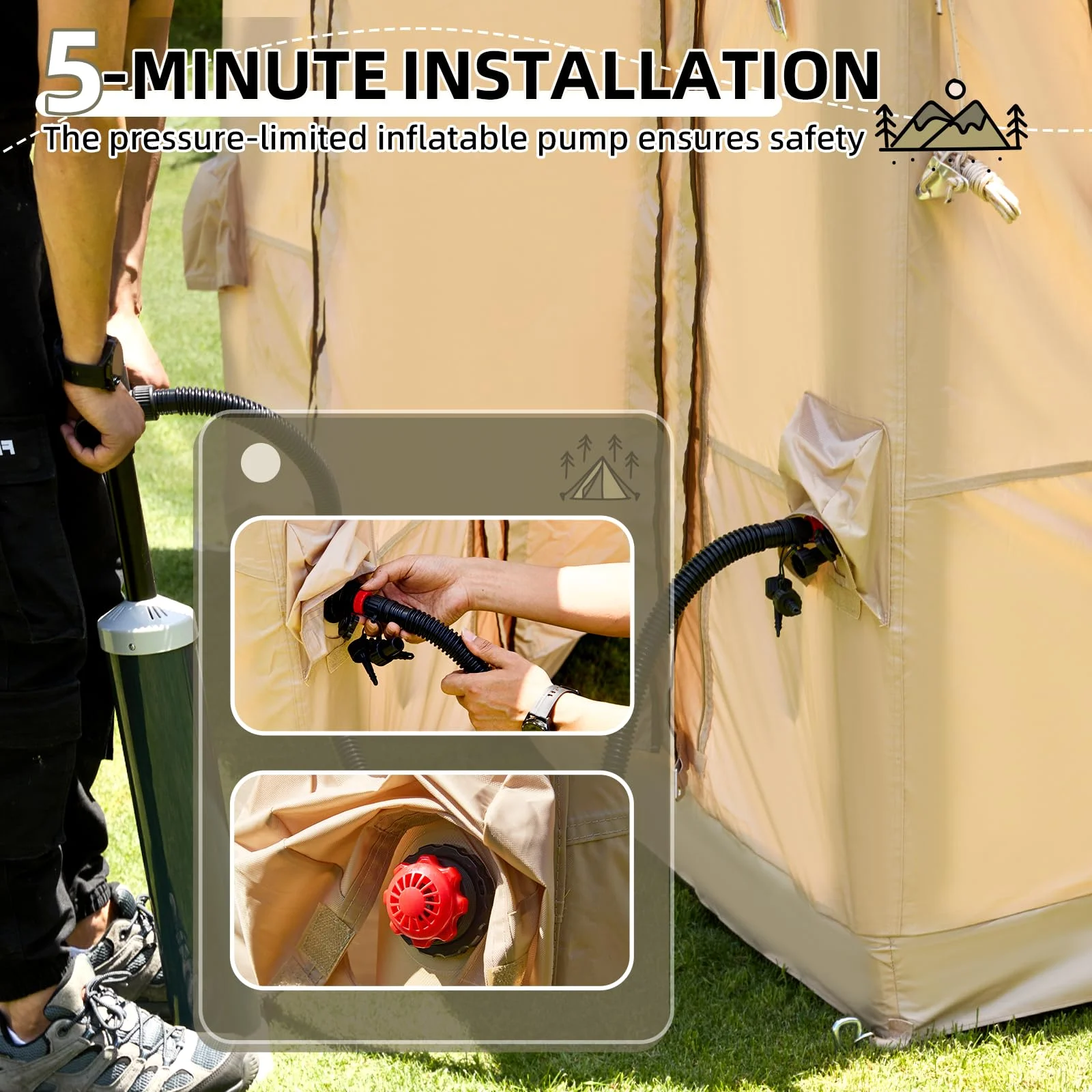 Yoleny 12'x8' Inflatable Tent, 96 SFT Blow Up Tent for Camping, 4 Season Oxford Glamping Tents with Clear Skylight, Pump & Stove Jack