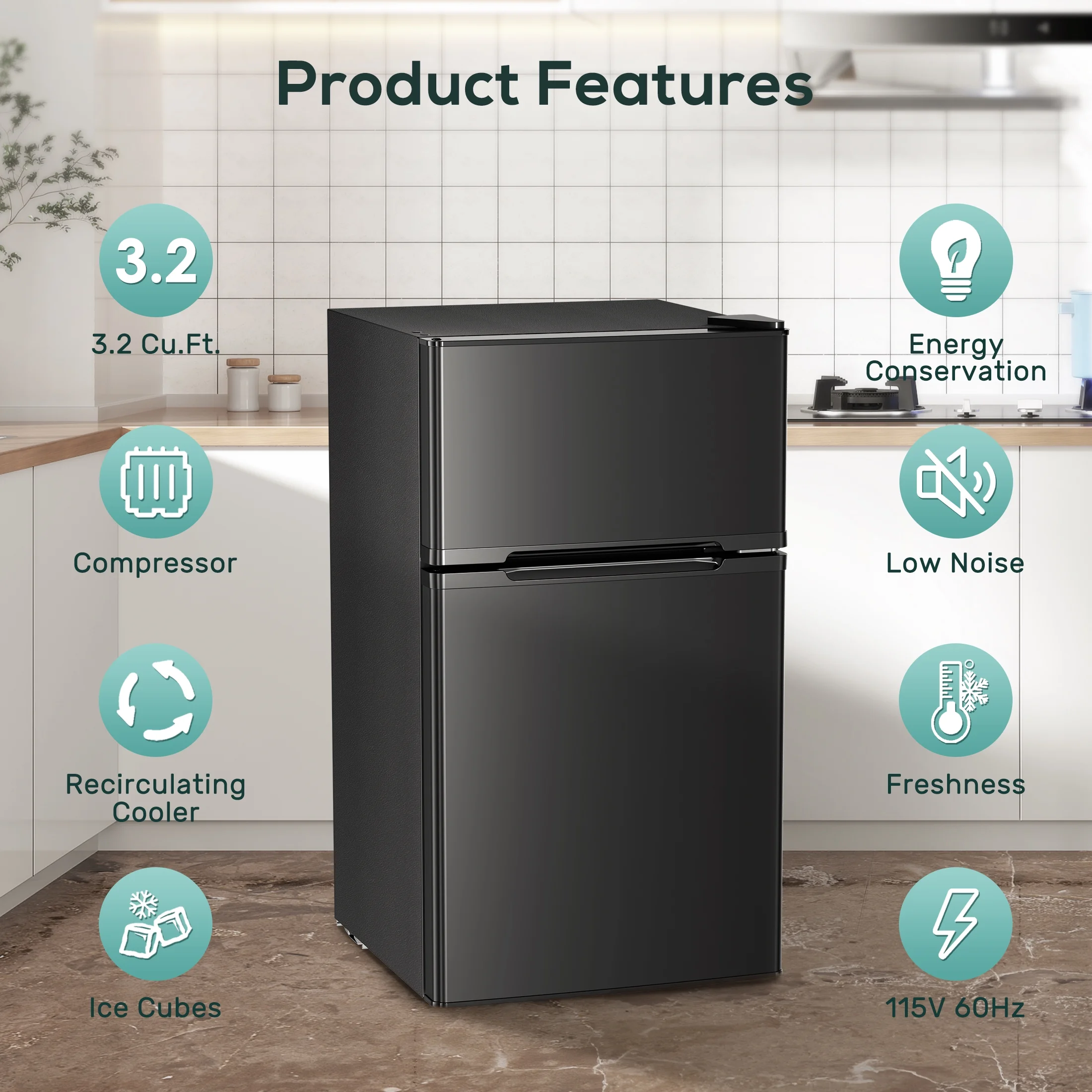 Auseo 3.1 Cu.Ft Double Door Mini Fridge with Freezer, Compact Retro Refrigerator for Dorm, Office, Bar, Bedroom, Black