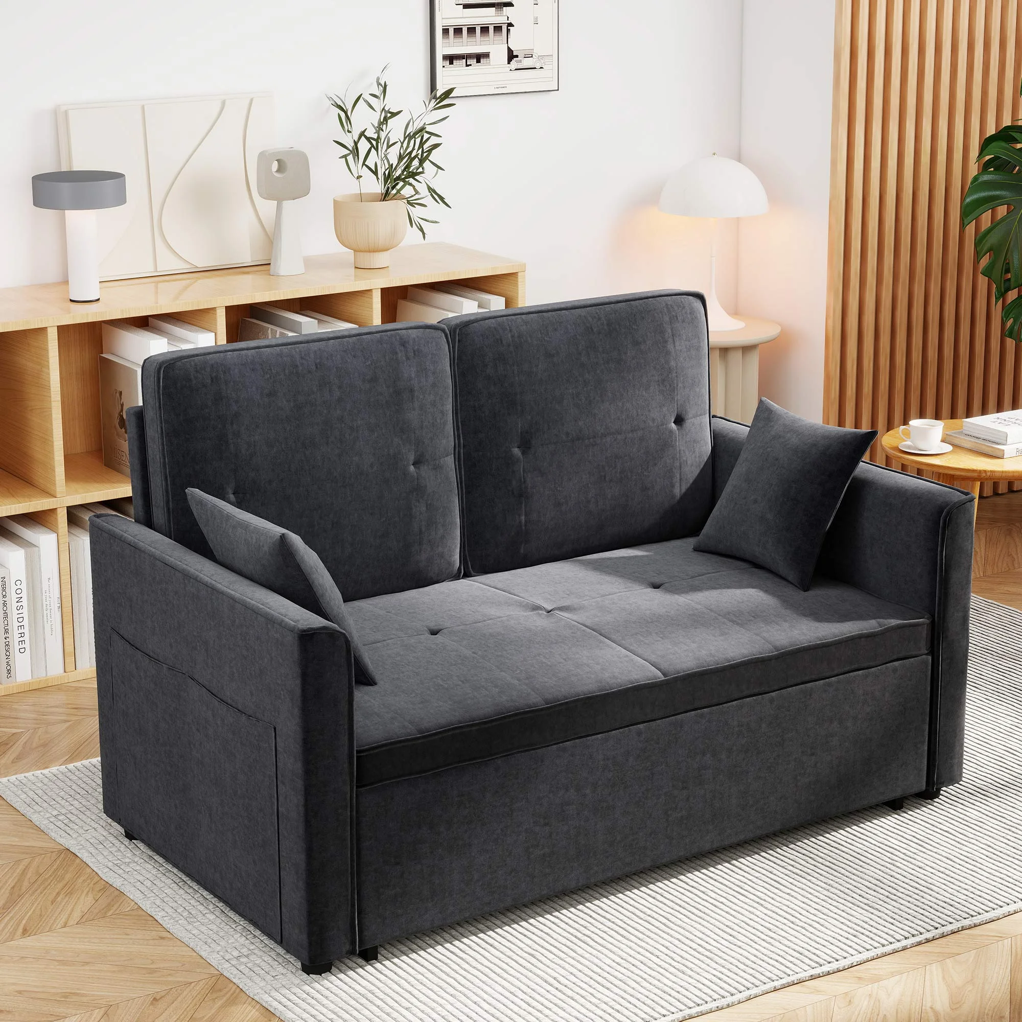 Convertible Sofa Bed,3-in-1 Sleeper Sofa with Pull Out Bed,Sleeper Futon Couch Loveseat with Adjsutable Backrest and Pillows for Living Room,Gray