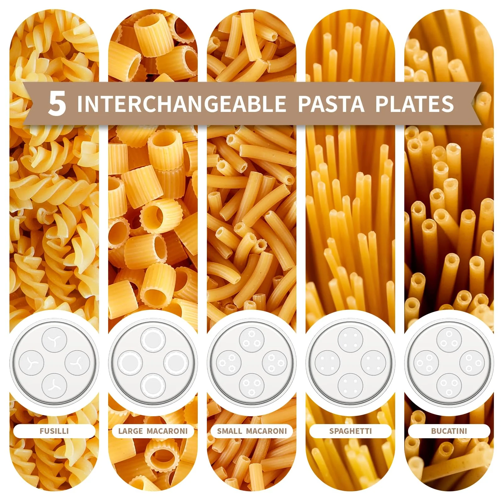 Metal Gourmet Pasta Press Attachment for Kitchenaid Stand Mixer, Pasta Maker Attachment with 5 Interchangeable Plates, Spaghetti Bucatini Fusilli Large/Small Macaroni