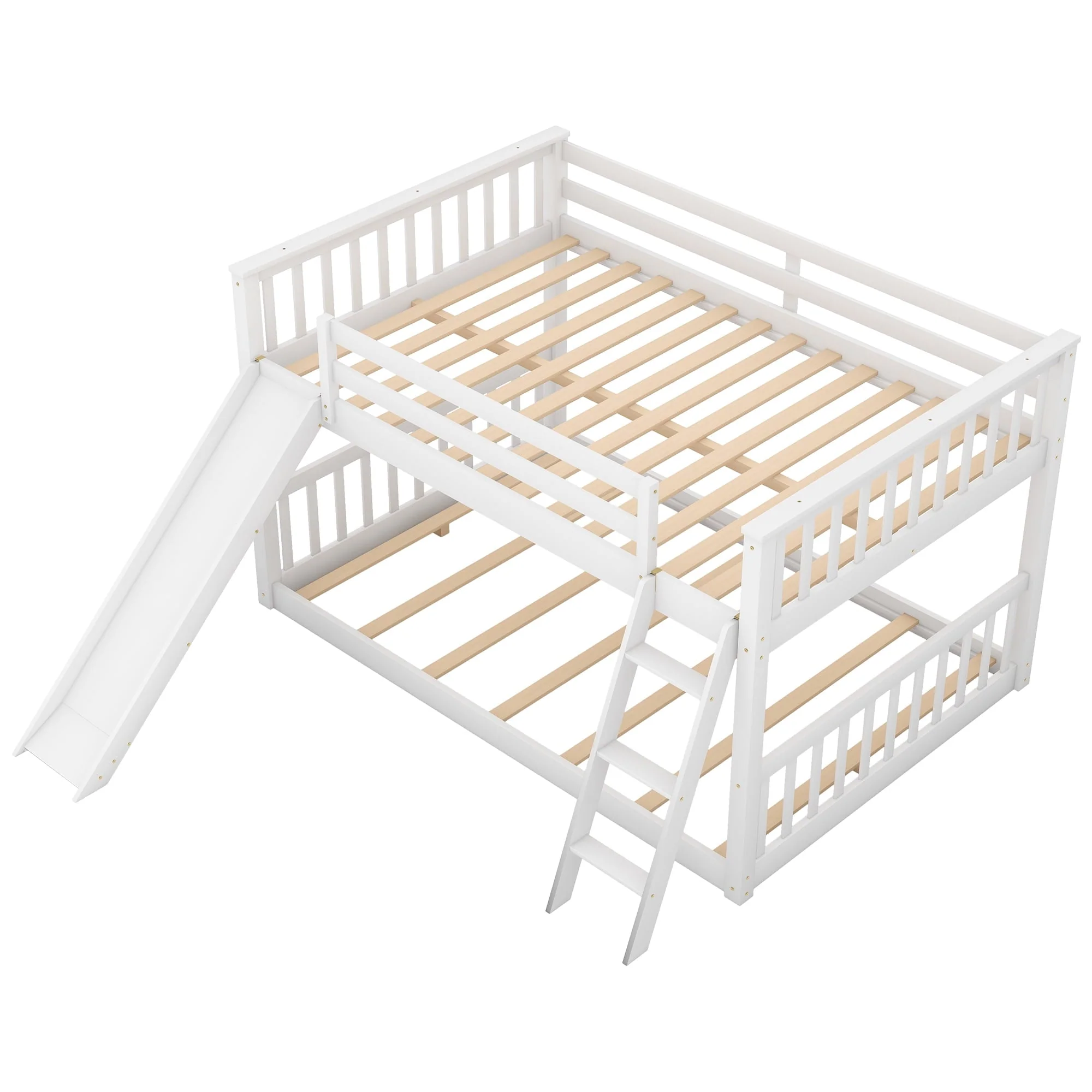 Euroco Full over Full Floor Bunk Bed with Slide and Ladder for Kids Bedroom, White
